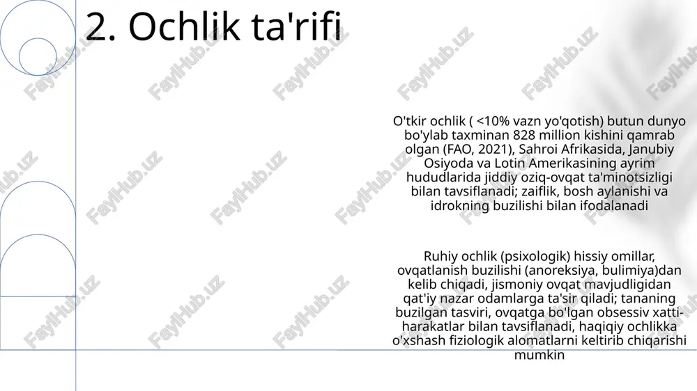 ligi o'sishdan orqada qolishga (150 milliondan ortiq bolalarga ta'sir qiladi), kasalliklarga (masalan, pnevmoniya va qizamiq) chidamlilikning pasayishiga va kognitiv rivojlanishning sustlashishiga olib keladi 2021-yilda butun dunyo bo'yicha 828 milliondan ortiq odam ochlikdan aziyat chekdi, bu 2019-yilga nisbatan 150 million kishi ko'p. sahroi afrikasi va janubiy osiyo eng ko'p ta'sirlangan hududlar bo'lib, ko'rsatkichlar 20% dan oshadi 2022-yilda dunyo bo'yicha deyarli 3 milliard kishi yetarlicha ozuqaviy ovqatga ega emas. ko'plab rivojlanayotgan mamlakatlarda, jumladan, ayrim hududlarda har uchta bolaning bittasi oziq-ovqat tanqisligidan aziyat chekmoqda. faqatgina janubiy osiyoda o'tkir oziq-ovqat tanqisligidan aziyat chekayotgan bolalar soni 50 milliondan oshadi 9. jahon ochlik statistikasi siyosiy noturg'unlik (masalan, suriyadagi fuqarolik urushi, yaman mojarosi) oziq-ovqat ishlab chiqarish va taqsimotini buzadi; sanktsiyalar (masalan, venesuela, shimoliy koreyaga qarshi) ocharchilikni kuchaytiradi; hukumatlardagi korruptsiya (masalan, nigeriya, afg'oniston) oziq-ovqat yordamini o'g'irlaydi. iqlim o'zgarishi zaif aholi qatlamlariga nisbatan ko'proq ta'sir qiladi; sahel mintaqasidagi qurg'oqchilik va bangladeshdagi toshqinlar oziq-ovqat xavfsizligini tahdid qilmoqda; bardoshli qishloq xo'jaligiga …