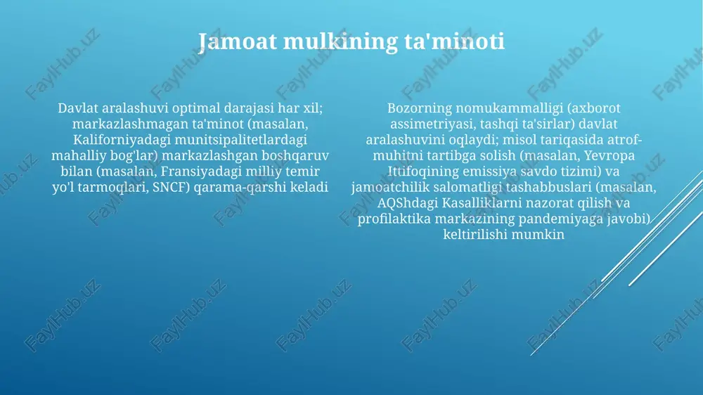 iya va moliya kabi muhim sohalarni nazorat qilib, yaimning 30% dan ortig'ini tashkil qilishdan tortib, gonkongdagi (2020 yilgacha) minimal aralashuvga ega bo'lgan erkin bozor iqtisodiyotigacha davlat aktivlarining (masalan, buyuk britaniyaning telecomi, 1980-yillar; argentinaning suv ta'minoti, 1990-yillar) xususiylashtirilishi global miqyosda ko'plab davlatlarning yaimining 20-30% ga ta'sir qiladi davlat boshqaruvidagi rivojlanish modellari (masalan, ikkinchi jahon urushidan keyingi yaponiyaning xalqaro savdo va sanoat vazirligi (miti) sanoat siyosatini boshqarishi) bozorni erkinlashtirishga urg'u beruvchi neoliberal yondashuvlardan farq qiladi. davlat aralashuvi darajasi siyosiy mafkuralar va tarixiy kontekstlarni aks ettiradi soliq soliqlar davlat daromadining asosi bo'lib, 2023 yilda aqsh federal xarajatlarining 30%ini moliyalashtiradi va sog'liqni saqlash (medicare, medicaid), infratuzilma (avtomobil yo'llari jamg'armasi) hamda mudofaa (mudofaa vazirligi byudjeti)ga ta'sir ko'rsatadi davlat tomonidan jamoat mollari (yo'llar, ta'lim, mudofaa) ta'minlanishi jamiyat farovonligini, ishlab chiqarishni va iqtisodiy o'sishni yaxshilaydi. infrastruktura rivojlanishi davlat boshqaruvidagi infratuzilma loyihalari (masalan, xitoyning 2022 yilga kelib 37 900 km ga yetgan yuqori tezlikdagi temir yo'llari) yaimni yiliga …