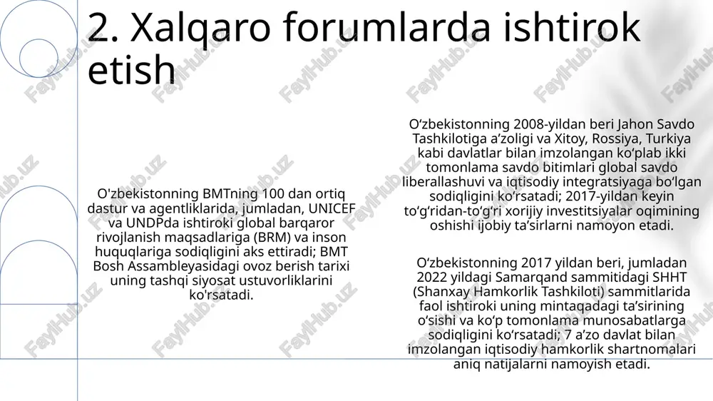 obiga o'zbekistonning yevrosiyo iqtisodiy ittifoqi (yeii) orqali iqtisodiy aloqalari rossiya, qozog'iston va belorussiya bilan savdo-sotiqni osonlashtiradi. janubiy koreya, yaponiya va ko'plab yie a'zolari bilan ikki tomonlama shartnomalar iqtisodiy diplomatiyani rivojlantiradi asosiy eksport yo'nalishlari rossiya, xitoy, qozog'iston, afg'oniston va turkiyani o'z ichiga oladi, asosan xom ashyo (oltin, paxta, gaz) va qishloq xo'jaligi mahsulotlarini eksport qiladi 8. asosiy sheriklar bilan iqtisodiy aloqalar 9. odamlararo diplomatiya va madaniy tashabbuslar 10. suv resurslarini boshqarish va transchegara muammolar o'zbekiston jahon hamjamiyati bilan insonparvarlik yordami, tinchlikparvarlik missiyalarida ishtirok etish (chegaralangan harbiy kuchlar bilan) va faol madaniy diplomatiyani rivojlantirish orqali hamkorlik qiladi. toshkent, samarqand va buxoroda ko'plab xalqaro tadbirlar o'tkazib, boy tarixi va madaniy merosini namoyish etadi 11. o'zbekistonning xavfsizlik siyosati va xalqaro hamkorligi janubiy koreya, aqsh va yevropa ittifoqi bilan xalqaro hamkorlik andijon va fargʻona vodiysida sunʼiy intellekt, katta maʼlumotlar va bulut texnologiyalari kabi sohalarda 10 000 dan ortiq mutaxassislarni oʻqitish dasturlari orqali oʻzbekistonning raqamli iqtisodiyot …