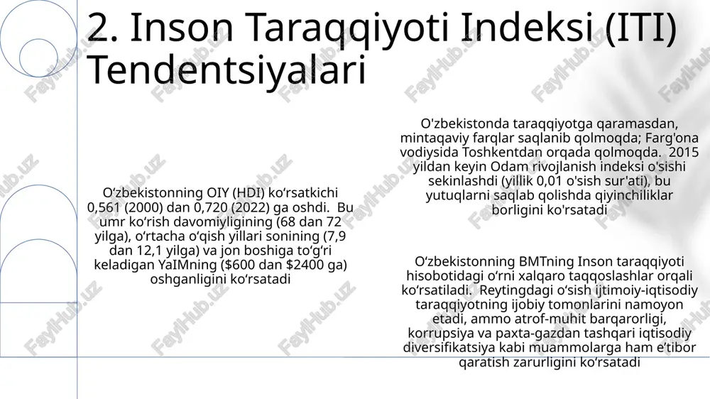 tlar o'zbekiston yaim o'sishining o'rtacha yillik ko'rsatkichi (2017-2022) 5,1% ni tashkil etib, mintaqa (markaziy osiyo: 4,0%) o'rtacha ko'rsatkichlaridan yuqori bo'ldi. islohotlar jahon bankining "biznes yuritish osonligi" indeksi bo'yicha o'rinda yaxshilanishiga (2018 yilda 69-o'rindan 2020 yilda 66-o'ringa) olib keldi oʻzbekistonning jahon reytinglaridagi yaxshilanishi socio-madaniy oʻzgarishlarni koʻrsatadi. internetdan foydalanishning oshishi (2022 yilda 65%) madaniy almashinuv va axborotga kirishni osonlashtirdi. yuneskoning tarixiy joylarni (masalan, itchan kala, xiva) tan olishi jahon turizmini va madaniy taʼsirini kuchaytirdi oʻzbekistonning raqobatbardoshligi oʻsishini xalqaro taqqoslashlar koʻrsatmoqda. inson taraqqiyoti indeksi (iti) 0,680 (2018) dan 0,703 (2020) ga oshdi va tojikiston hamda qirgʻiziston kabi qoʻshni davlatlardan yuqori boʻldi 9. yaim o'sishi va xalqaro taqqoslashlar 2022-yilda xalqaro sayyohlar soni 40% ga o'sib, 10 million kishiga yetdi va yaitu ma'lumotlariga ko'ra, yaimga qo'shgan hissasi 2,5% dan 3% ga oshdi; xiva va buxoro kabi madaniy joylarga tashrif buyuruvchilar soni sezilarli darajada oshdi. oʻzbekiston jahon iqtisodiy forumining sayohat va turizm raqobatbardoshligi hisobotida (2023) 27 …