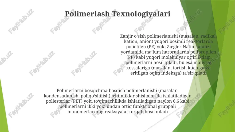 (xom neft) zarracha o'lchami, shakli va namlik miqdori kabi omillar ta'sirida o'ziga xos oqim xususiyatlarini namoyon qiladi metall, keramika kabi ommaviy materiallar polimerlardan bog'lanish (metall vs kovalent/van der vaals) va tuzilishi (kristalli vs amorf) jihatidan farq qiladi polimer tuzilishi (masalan, chiziqli, tarmoqlangan, oʻzaro bogʻlangan) material xususiyatlarini, masalan, tortish kuchini (mpa), shisha oʻtish temperaturasini (tg, °c) va erish temperaturasini (tm, °c) belgilaydi polimer materiallar termoplastlar (masalan, idishlardagi polipropilen (pp), izolyatsiyadagi polistirol (ps)), termosetlar (masalan, yopishqoqlardagi epoksi smolalari, elektr qismlaridagi fenolik smolalari) va elastomerlarni (masalan, shinalardagi stirol-butadien kauchugi (sbr), koʻpiklardagi poliuretan (pu)) oʻz ichiga oladi polimer materiallar, masalan, polietilen (pe), polipropilen (pp) va polikarbonat (pc), viskoelastik xususiyatlarga ega bo'lib, elastik va yopishqoq xususiyatlarni namoyon qiladi ommaviy materiallarning termik xossalari metallardan (masalan, mis ~400 vt/mk, po'lat ~50 vt/mk), keramikadan (masalan, alyuminiy oksidi ~30 vt/mk) va kompozitlardan iborat ommaviy materiallar turli xil issiklik tarqalish koeffitsiyentlariga (α) ega. bu qiymatlar mikrotuzilishi, kristal tuzilishi va gözeneklilikka …