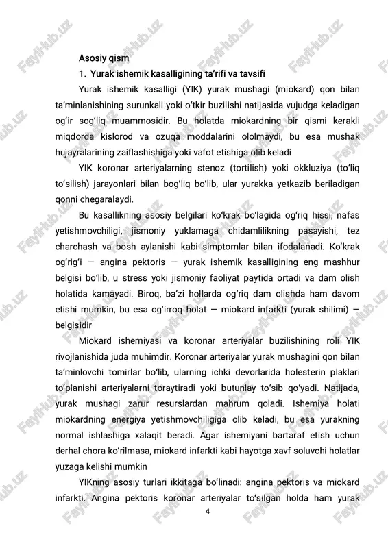 sovuq ta’siri yoki ba’zi dorilarning ta’siri natijasida rivojlanishi mumkin. bunday holatlar tez-tez qisqa muddatli angina pektoris (ko‘krak og‘rig‘i) belgilarini keltirib chiqaradi 7 2. yurak ishemik kasalligining sabablari va risk omillari yurak ishemik kasalligining risk omillari yurak ishemik kasalligining vujudga kelishiga olib keluvchi risk omillari ikki guruhga bo‘linadi: noqulay turmush tarzi bilan bog‘liq omillar va irsiy/genetik omillar. har bir guruhning alohida roli bor. no salomat ovozli hayot tarzi no salomat ovozli hayot tarzi — bu yikning eng muhim risk omillaridan biri hisoblanadi. jismoniy inaktivlik, sog‘insiz ovqatlanish va stress kabi omillar yurak-qon tomir sistemasini zaiflashtiradi va kasallikning rivojlanishiga sabab bo‘ladi. jismoniy inaktivlik — bu zamonaviy dunyoda keng tarqalgan muammo. odam tanasining doimiy harakatsizligi yurak mushaklarining sustlashishiga va metabolizm buzilishiga olib keladi. bundan tashqari, jismoniy faoliyatning kamayishi vazn ortishiga va metabolik sindromga sabab bo‘ladi, bu esa yana bir qator kasalliklarni, jumladan, arterial gipertenziya va diabetni chaqirib chiqaradi sog‘insiz ovqatlanish ham yurak ishemik kasalligining …