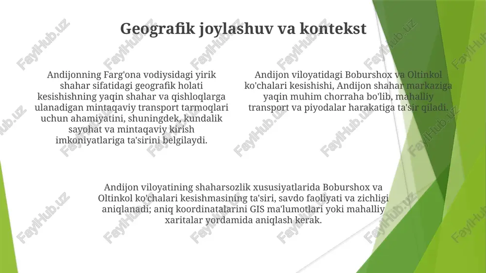 g 85%i piyodalar o'tish joylarini yaxshilashni qo'llab-quvvatladi; andijon shahar kengashi dastlabki ishlar uchun 15 000 000 so'm ajratdi. 12 muhim muammo aniqlandi: chuqur chuqurchalar (boburshox ko'chasi – 40+), axlat qutilari yetarli emas (oltinko'l ko'chasi – 15), skameyklar yo'q (chorraha – 0). barqaror yechimlar uchun 5 mahalliy nodavlat tashkiloti bilan doimiy muloqot rejalashtirilgan. harakat tahlili andijon viloyatining boburshox/oltinkol chorrahasida soat 7-9 va 17-19 orasida transport zichligi soatiga 1500 dan ortiq avtomobilni tashkil etib, eng yuqori cho'qqiga chiqadi boburshox/oltinkol kesishmasidagi signal vaqti (hozir 60/40) sumo kabi mikrosimulyatsiya modellari yordamida optimallashtirilishi kerak. 3 induktiv pastadir detektori va 2 cctv kamerasidan olingan ma'lumotlar boburshox tomondan shimolga yo'nalgan transport oqimi oltinkol tomondan janubga yo'nalgan oqimdan 1,5 baravar yuqori ekanligini ko'rsatadi taklif etilayotgan yechimlar: moslashuvchan transport boshqaruv tizimini joriy etish, boburshox ko'chasida qo'shimcha burilish yo'laklarini qurish va ko'tarilgan piyoda o'tish joylari bilan piyodalar infratuzilmasini yaxshilash infrastruktura rivojlanish rejalari andijon viloyatining boburshox/oltinkol chorrahasidagi infratuzilma rejalari yo'llarni 20 …