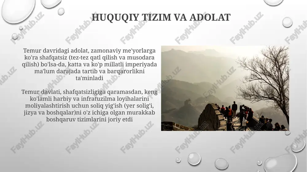 i bilan ittifoq tuzib, diplomatiya va harbiy kuch orqali imperiyasini kengaytirdi tarixiy ma'lumotlar va talqinlar temurning ma'muriy islohotlari, jumladan, imperiya bo'ylab og'irlik va o'lchovlarni standartlashtirish va buyuk ipak yo'li orqali savdoni rivojlantirish iqtisodiy faoliyatni kuchaytirdi. biroq, uning harbiy yurishlarining miqyosi va 1405 yilda vafotidan keyingi beqarorlik ba'zi uzoq muddatli ijobiy ta'sirlarni yo'q qildi tarixchilar temur merosiga turlicha baho berishadi. ba'zilari uning yurishlarini shafqatsiz deb, 1398-yildagi dehli va 1401-yildagi damashqdagi qirg'inlarni misol qilib keltirishadi. boshqalari esa samarqanddagi masjidlar va kutubxonalar kabi san'at, fan va infratuzilma loyihalariga homiylik qilganini ta'kidlab, uning sof ma'naviyatli saroyini ko'rsatishadi e'tiboringiz uchun rahmat @taqdimot_robot image3.png image4.jpg image5.jpg image6.jpg image7.jpg image8.jpg image9.jpg image10.jpg image11.jpg image12.jpg image13.jpg image14.jpg image15.jpg image1.png