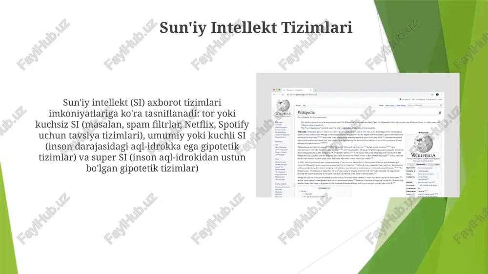 t) ma'lumotlarni boshqarishda real vaqtli operatsiyalar uchun tranzaktsiya qayta ishlash tizimlari (tqt), qarorlarni qo'llab-quvvatlash tizimlari (qqt) va rahbarlar axborot tizimlarini (raqt) o'z ichiga oladi (masalan, ford ishlab chiqarish liniyalari, ups yuklarni kuzatish, citibank tranzaktsiya tizimlari) axborot tizimlarini tasniflash ularni funksiyasi (masalan, operatsion darajadagi tps, taktik darajadagi dss, strategik darajadagi eis), arxitekturasi (klient-server, bulutli) yoki koʻlami (korxona boʻyicha, boʻlim darajasida) boʻyicha guruhlashni oʻz ichiga oladi. crm (salesforce), erp (sap), scm (oracle) tizimlari misol boʻla oladi ta'minot zanjiri boshqaruv tizimlari e'tiboringiz uchun rahmat @taqdimot_robot image1.jpg image2.jpg image3.jpg image4.jpg image5.jpg image6.jpg image7.jpg image8.jpg image9.jpg image10.jpg image11.jpg image12.jpg image13.jpg image14.jpg image15.jpg