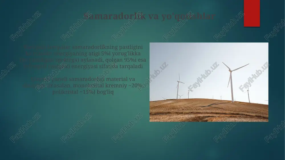 ifodalaydi. suvning yuqori oxs (4186 j/kg°c) yerning haroratini yumshatadi va kaliforniyaning sohil mintaqalari kabi iqlimga ta'sir qiladi energiya issiqlik (issiqlik energiyasi) va yorug'lik (nur energiyasi) ko'rinishida namoyon bo'ladi. issiqlik o'tkazuvchanlik (masalan, londonda qizigan pechka teginish), konveksiya (masalan, saxara cho'lida havo oqimlari) va nurlanish (masalan, gobi cho'lida quyosh nuri) orqali uzatiladi energiya konvertatsiyasi quyosh energiyasi arizona shtatida pv xujayralari quyosh nurlarining 20 foizini (~200 vt/m²) elektr energiyasiga aylantiradi. issiqlik energiyasi islandiyaning hengill vulqon maydonida yerning ichki issiqligidan (har km chuqurlikda 25°c ga o'sishi) 500 mvt elektr energiyasi hosil qiladi o'simliklardagi fotosintez yorug'lik energiyasi (elektromagnit nurlanish turi) bilan ta'minlanadi. o'simlik barglaridagi (masalan, amazon o'rmonlaridagi) xlorofill molekulalari qizil va ko'k to'lqin uzunliklarini (~400-700 nm) yutib, tushgan quyosh energiyasining taxminan 1% ini murakkab reaksiyalar orqali kimyoviy energiyaga (glyukozaga) aylantiradi issiqlik energiyasi va temperatura harorat farqi issiqlik o'tishini ta'minlaydi; 10 sm uzunlikdagi metall tayoqning uchlari orasidagi 10°c farq sezilarli issiqlik oqimini keltirib chiqaradi. yorug'lik, elektromagnit …