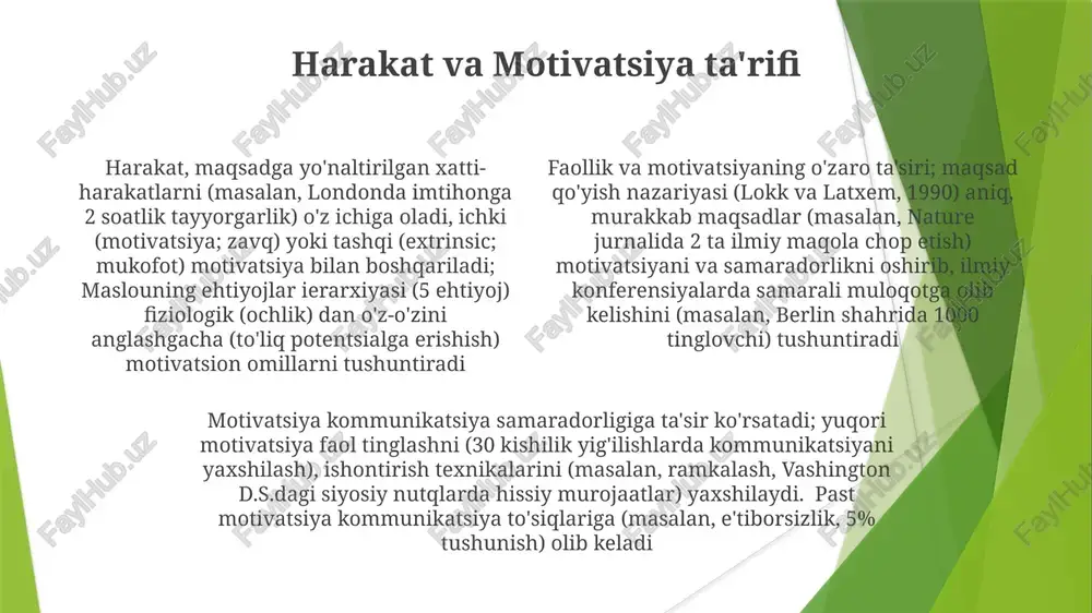 vomida bemorning 2-3 sm siljishi yoki tashvishni ko'rsatadigan harakatlarini tahlil qilish orqali) kuzatiladigan noverbal belgilar (proksemika, kinezika) yordamida faollik darajasi va jalb etilish baholanadi motivatsiya kommunikatsiyaga jismoniy ifodalarda ko'rinadi. sotuvda, o'ziga ishonchli tura, mustahkam qo'l siqish (30-50 funt kuch bilan) va to'g'ridan-to'g'ri ko'z qarash (5-8 sekund davomida) nyu-york va los-anjeles kabi shaharlardagi 25-65 yoshdagi turli demografik guruhlarda sotuvlarni 10-15% ga oshirishga yordam beradi aloqa va motivatsiya muloqot samaradorligi kanal tanlash (masalan, elektron pochta yoki yuzma-yuz), kodlash aniqligi (og'zaki va og'zaki bo'lmagan signallar) va qabul qiluvchining dekodlash mahoratiga bog'liq; london ofisidagi 5 kishilik loyiha guruhi kabi jamoalardagi ish motivatsiyasiga teskari aloqa va faol tinglash orqali ta'sir qiladi tokiolik marketing jamoasida (12 kishi) kognitiv dissonans (e'tiqod va harakatlar o'rtasidagi nomuvofiqlik) shaffof muloqot orqali kamaytirildi; bu ishdan mamnuniyatni (intervensiyadan keyin 70% oshdi) oshirdi va ishchi aylanmasini (15% ga kamaydi) pasaytirdi. motivatsiya nazariyalari (masalan, maslouning ierarxiyasi, xertzbergning ikki omilli nazariyasi) ish joyidagi faollik va …