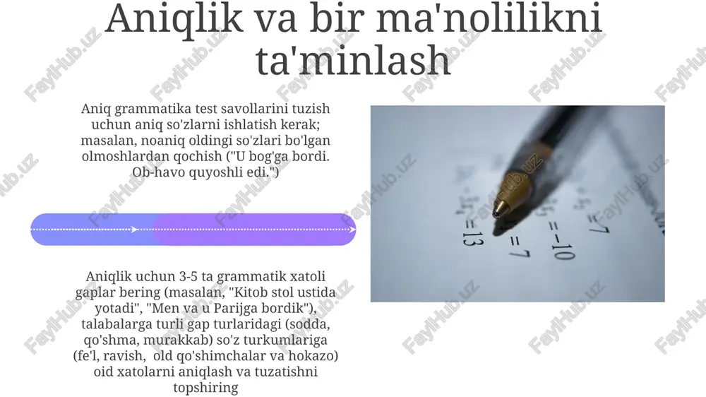 lumot darajalarini aniqlash grammatika bilimini baholash turli savol formatlarini (masalan, xato tuzatish, gapni tugallash, qayta bayon qilish vazifalari), turli grammatik tuzilmalarni (masalan, qarindosh gaplar, modal fe'llar, passiv mayl) va turli muloqot kontekstlarini (rasmiy xatlar, norasmiy elektron pochta) o'z ichiga olgan holda amalga oshiriladi test savollarini yaratishda savol qiyinchiligini maqsadli malaka darajasiga moslash kerak (masalan, a2 oddiy gap tuzilmalariga, c1 esa murakkab bo'ysunuvchi gaplarga e'tibor qaratadi). savol turlari xilma-xil bo'lishi kerak (ko'p tanlovli, qisqa javobli, insholar) bo'shliqni to'ldirish mashqlari bo'shliqlarni to'ldirish mashqlari, 10-20 jumladan iborat turli grammatik tuzilmalar (zamonlar, artikllar, ravishdoshlar) orqali boshlang'ich, o'rta va yuqori darajadagi grammatika bilimini baholash (masalan, parijga sayohat, london tavsifi, nyu-yorkdagi tadbirlar) gramatika bo'yicha ko'p tanlovli savollar (20 ta har bir grammatik mavzu bo'yicha), 4 ta variant bilan. misol: "kitob ____ stolda." (a) ustida (b) yonida (c) ichida (d) tepasida. turli joylardagi kontekstlar (rimdagi sinf xona, madriddagi kafe, qohiradagi muzey) hisobga olinadi e'tiboringiz uchun rahmat @taqdimot_robot …