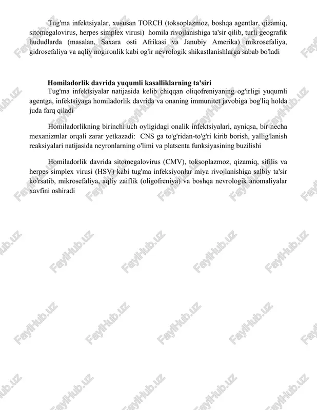 mumkin) kabi yuqumli agentlar jahon bo'yicha genetik bo'lmagan aqliy nogironlik holatlarining 20-30% ini keltirib chiqaradi, millionlab odamlarga ta'sir qiladi tug'ma infektsiyalar, xususan torch (toksoplazmoz, boshqa agentlar, qizamiq, sitomegalovirus, herpes simplex virusi) homila rivojlanishiga ta'sir qilib, turli geografik hududlarda (masalan, saxara osti afrikasi va janubiy amerika) mikrosefaliya, gidrosefaliya va aqliy nogironlik kabi og'ir nevrologik shikastlanishlarga sabab bo'ladi homiladorlik davrida yuqumli kasalliklarning ta'siri tug'ma infektsiyalar natijasida kelib chiqqan oliqofreniyaning og'irligi yuqumli agentga, infektsiyaga homiladorlik davrida va onaning immunitet javobiga bog'liq holda juda farq qiladi homiladorlikning birinchi uch oyligidagi onalik infektsiyalari, ayniqsa, bir necha mexanizmlar orqali zarar yetkazadi: cns ga to'g'ridan-to'g'ri kirib borish, yallig'lanish reaksiyalari natijasida neyronlarning o'limi va platsenta funksiyasining buzilishi homiladorlik davrida sitomegalovirus (cmv), toksoplazmoz, qizamiq, sifilis va herpes simplex virusi (hsv) kabi tug'ma infeksiyonlar miya rivojlanishiga salbiy ta'sir ko'rsatib, mikrosefaliya, aqliy zaiflik (oligofreniya) va boshqa nevrologik anomaliyalar xavfini oshiradi xulosa yuqumli kasalliklar, ayniqsa, rivojlanishning muhim davrlarida, kognitiv rivojlanishni sezilarli darajada …