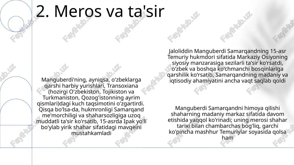 ardan inson va moddiy resurslarni jalb qilgan. loyihalar ehtimol fors, markaziy osiyo va boshqa uzoq hududlardan malakali hunarmandlar va ishchilarni jalb qilgan, mintaqadagi mahalliy iqtisodiyot va savdo yo'llariga ta'sir ko'rsatgan 10. qurilish loyihalari jaloliddin manguberdi (14-asr oltin orda hukmdori) markaziy osiyo madaniy rivojiga homiylik qilib, ko'plab masjidlar, madrasalar (saroy batu va yangi saroydagilar kabi) qurdirish va rossiya, qozog'iston va o'zbekiston hududlarida badiiy asarlar yaratishga buyurtma berish orqali katta ta'sir ko'rsatdi manguberdi davri (taxminan 1361-1370 yoki 1374-1375) infratuzilma va madaniy muassasalarga katta mablag' sarflash bilan oltin o'rda obro'sini oshirdi manguberdining harbiy g'alabaları oltin orda'ni tashqi tahdidlardan himoya qilib, barqarorlikni ta'minladi va madaniy ravnaqga zamin yaratdi 11. madaniy homiylik jaloluddin manguberdi (1411-1414) xorazmni boshqargan temuriylar hukmdori ichki raqiblar va turkmanlar, oltin o'rda kabi tashqi kuchlardan tahdidlarga duch keldi. qisqa hukmronligi zamonaviy afg'oniston, o'zbekiston va turkmaniston hududlarida doimiy urushlar bilan o'tdi. 1414 yilda ehtimol o'ldirilishi mintaqani yanada beqarorlashtirdi manguberdi'ning vatan himoyasi, asosan tashqi …