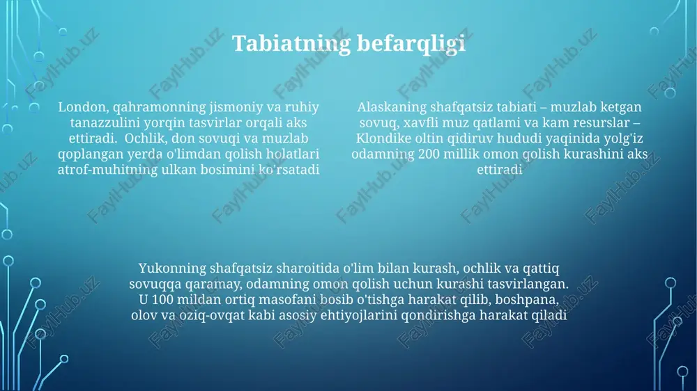 qahramonning jismoniy va ruhiy tanazzulini manzaraning shafqatsizligi aks ettiradi; uning don sovuqi, charchoq va ochligi bo'sh, muzli muhitga mos keladi yukon hududining -60°f gacha yetuvchi shafqatsiz sovuqlari va qattiq relyefi (muzlagan daryolar, qor bosgan tog'lar, keng cho'llar) hikoyaning qattiq, hayot uchun xavfli manzarasining asosiy qismidir, bu qahramonning har bir harakatiga va qaroriga ta'sir qiladi tabiatga qarshi odam londonning "hayotga muhabbat" asari nomsiz, och qolgan bir odamning yukon hududida 40 kun davom etgan, qattiq sovuq, ochlik, don sovuqligi va klondike oltin qidiruv davriga yaqin bo'lgan shafqatsiz tabiatdagi yovvoyi hayvonlar (bo'rilar) bilan kurashini tasvirlaydi qahramonning qattiq yerlardan o'tuvchi chidamsiz sayohati inson irodasi kuchini va tabiatning befarqligi bilan insonning hayot uchun kurashidagi keskin farqni ta'kidlaydi. 250 mil masofada sovuqdan muzlagan oyoq-qo'llar va o'limga yaqinlashuvlardan iborat jismoniy yomonlashishi hikoyaning shafqatsiz realizmini ta'kidlaydi. hikoya ramziyligi hayotda qolish, matonat va insoniyat bilan tabiat o'rtasidagi ziddiyat mavzusini ochib beradi. 40 kunlik sinovdan so'ng, jismonan charchagan bo'lsa-da, xavfsizlikka …