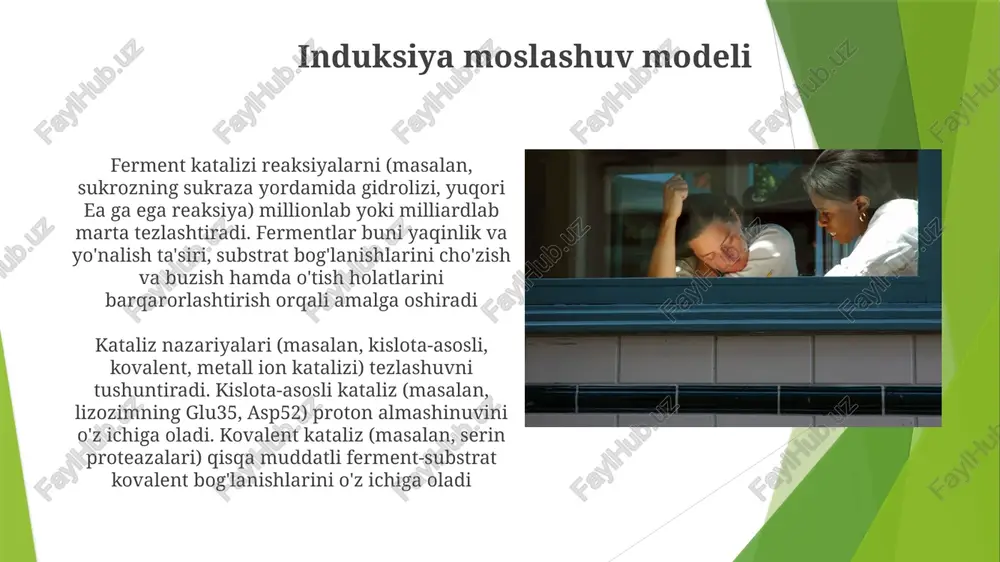 ali tushuntiradi. kislota-asos katalizi (masalan, ximotripsinning serin proteaza mexanizmi) aminokislota qoldiqlaridan protonlarni berish/qabul qilish uchun foydalanadi ferment katalizi: fermentlar (masalan, tupurikdagi amilaza kraxmalni gidrolizlaydi) biologik sistemalardagi reaksiyalarni aktivlashtirish energiyasini (δg‡) pasaytirish orqali millionlab marta tezlashtiradi. aktiv markaz xususiyatlari (masalan, katalitik triadadagi asp, glu, his qoldiqlar) substrat bog'lanishi va kataliz uchun muhimdir kovalent kataliz fermentativ kataliz: fermentlar (biologik katalizatorlar) reaksiya tezligini fiziologik sharoitda (37°c, ph 7.4) 10⁶-10¹² marta oshiradi. mexanizmlar kislota-asos katalizi (masalan, lizozim), metall ion katalizi (masalan, karbonik anhidrazadagi sink), kovalent kataliz va yaqinlik/yo'nalish effektlari kiradi kovalent kataliz: fermentning faol markazi (masalan, ximotripsin kabi serin proteazalar) substrat bilan (masalan, peptid bog'i) o'tish holatida vaqtinchalik kovalent bog' hosil qilib, faollashtirish energiyasini (ea) maxsus aminokislota qoldiqlari (ser, cys, asp) orqali pasaytiradi. reaksiya tezligi 10³-10⁶ marta ortadi ferment-substrat bogʻlanishi kataliz nazariyalari tezlikni oshirishni tushuntiradi: induksiyalangan moslashuv (koshlend modeli) substrat bogʻlanganda konformatsion oʻzgarishni taklif qiladi; oʻtish holati nazariyasi fermentlar yuqori energiyali oʻtish holatini barqarorlashtiradi …