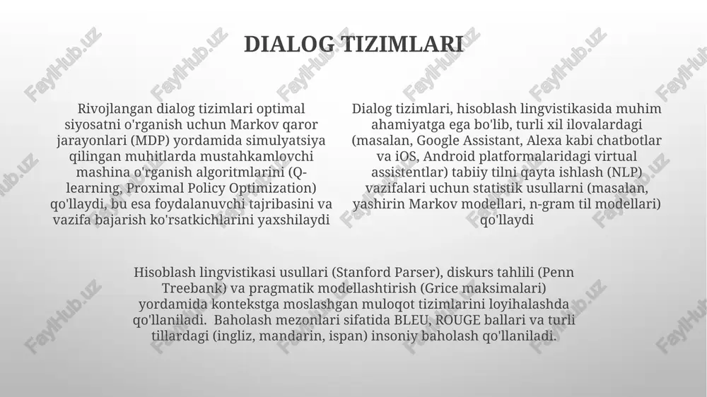 borot qidiruv (aq) usullari hujjatlarni reytinglashda tf-idf (term chastota-teskari hujjat chastotasi) og'irliklarini, gutenberg loyihasi kabi korpuslarda aniq kalit so'zlarni moslashtirish uchun bul’yan qidiruvini va turli xil hujjat to'plamlarida muvofiqlik ballarini yaxshilash uchun ehtimolli modellarni (masalan, bm25) qo'llaydi. ma'lumotlarni ajratib olish (ie) usullari, axborot qidiruvining (ir) muhim tarkibiy qismlari boʻlib, nomli ob'ektlarni aniqlash (ner) yordamida matndagi ob'ektlarni (shaxslar, tashkilotlar, vashington d.s. yoki london kabi joylarni) aniqlaydi axborot qidiruv tizimlari (masalan, kosinus o'xshashlik metrikalarini qo'llaydigan vektor fazo modellariga asoslanganlar) matn ma'lumotlarini turli manbalardan (yangiliklar maqolalari, ilmiy nashrlar, veb-sahifalar) tahlil qilib, stemming va lemmatizatsiya kabi usullar yordamida o'lchovchanlikni kamaytiradi va qidiruv aniqligini oshiradi tabiiy til generatsiyasi nlg texnikalari bir necha bosqichlarni o'z ichiga oladi: rejalashtirish (mazmun va tuzilmani aniqlash), gap rejalashtirish (grammatik tuzilish) va amalga oshirish (so'z tanlash va sirtqi hosil qilish) e'tiboringiz uchun rahmat @taqdimot_robot image1.png image2.png image3.png