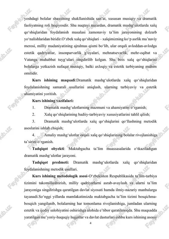 ati dramatik mashg‘ulotlar maktabgacha ta’lim jarayonining muhim tarkibiy qismlaridan biri hisoblanadi. ular bolalarning his-tuyg‘ulari, nutqi, tasavvuri, ijodiy fikrlashi va ijtimoiy munosabatlarini rivojlantirishga xizmat qiladi. dramatizatsiya faoliyati orqali bola o‘zini turli rollarda sinab ko‘radi, o‘z fikrini ifoda etishga, harakat, ohang va mimika yordamida obraz yaratishga o‘rganadi dramatik mashg‘ulotlar maktabgacha ta’lim jarayonining muhim tarkibiy qismlaridan biri hisoblanadi. ular nafaqat bolalarning badiiy-estetik rivojlanishiga, balki ularning psixologik, nutqiy, ijtimoiy va aqliy kamolotiga ham sezilarli ta’sir ko‘rsatadi. dramatik faoliyat orqali bola o‘z his-tuyg‘ularini ochiq ifoda etish, o‘z fikrini erkin bayon qilish, atrofdagi voqelikni obrazlar orqali tushunish va talqin etish imkoniyatiga ega bo‘ladi. dramatik mashg‘ulotlar jarayonida bola turli rollarni ijro etish orqali hayotiy vaziyatlarni, insoniy munosabatlarni, axloqiy qadriyatlarni his etadi va ularni amalda qo‘llashga o‘rganadi. masalan, bola “mehribon ona”, “mehnatkash dehqon”, “aqlli bola”, “yaxshi do‘st” kabi obrazlarni ijro etar ekan, u nafaqat so‘z va harakatlarni takrorlaydi, balki ularning ichki ma’nosini his qiladi, bu esa uning axloqiy …