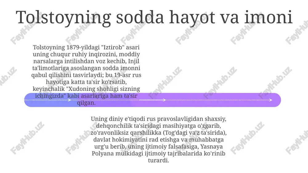 i tolstoyning "iztirob"i (1879): ekzistensial inqiroz, ruhiy umidsizlik, moddiy boy rus zodagonlarini rad etish (19-asr moskva, yasnaya polyana); masihiy anarxizmni qabul qilish, jahon bo'ylab ruhiy izlanishlarga ta'sir ko'rsatdi. ikki matn ham axloqiy hayot va ma'naviy izlanishni o'z ichiga oladi: va'z axloqiy ramkani beradi; ibroz esa shaxsning imon yo'lidagi sayohatini batafsil bayon qilib, imonning shaxsiy va ijtimoiy sohalarga ta'sirini ko'rsatadi. tog'dagi va'z (matto 5-7): xristian axloqining markaziy qismi, muhabbat, adolat (masalan, saodatlar), xudo podsholigi va ibodat (rabbiyning duosi) tamoyillarini bayon etadi; 2 milliarddan ortiq masihiyga ta'sir ko'rsatadi. e'tiboringiz uchun rahmat @taqdimot_robot image1.jpeg image2.jpeg image3.jpeg
