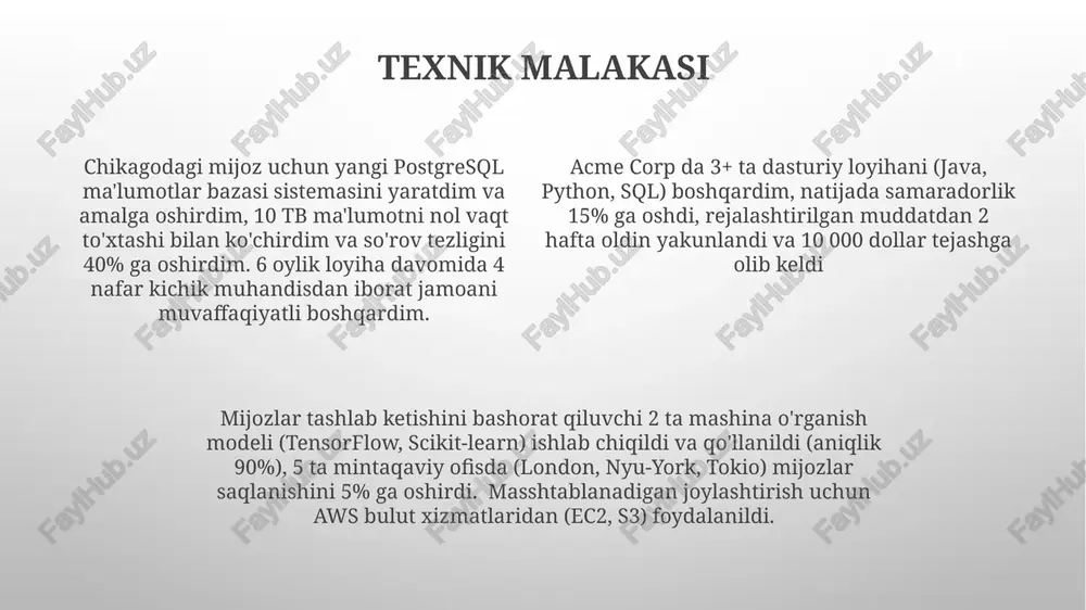 di; afrikadagi 10 ta nodavlat tashkiloti bilan yangi hamkorlik o'rnatildi. 3 xalqaro hamkorlikni (braziliya, yaponiya, kanada) boshqargan, natijada 2 ta tengdoshlar tomonidan ko'rib chiqilgan nashr va 10 mingdan ortiq yuklab olish; hindistonning qishloq hududlaridagi 5 ta jamoaga ta'sir ko'rsatadigan barqaror energiya tadqiqoti uchun 50 ming dollar miqdorida grant olgan. natijalar va ta'sir 3 ta mamlakat miqyosidagi marketing kampaniyasini boshqargan (2021-2023), brend xabardorligini 45% ga oshirgan va 7 ta asosiy hududda (shimoli-sharq, janubi-sharq, g'arbiy, g'arb sohili, texas, florida, kaliforniya) savdoni 27% ga oshirgan. 1,2 million dollar yangi daromad ta'minlagan. london va berlin shaharlarida google, amazon kabi yetakchi kompaniyalar bilan 5 ta muhim hamkorlik shartnomasi muvaffaqiyatli tuzildi, yevropada eksklyuziv tarqatish huquqi ta'minlandi, bozor ulushi 60% ga kengaydi va 6 oy ichida 500.000 evrodan ortiq qo'shimcha daromad olindi. 12 kishilik jamoani boshqardim, yangi mahsulot liniyasini ishlab chiqdik va ishga tushirdik, natijada birinchi chorakda bozor ulushi 30% ga oshdi. chikago, nyu-york va los-anjeles bozorlarida …
