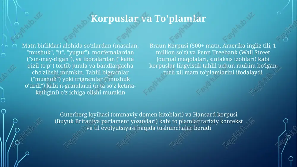 edi"). aniqlovchi gaplar ("kim", "qaysi", "ki") otlarni aniqlaydi (mas., "men olgan kitob muddati o'tgan") matn birliklari (bandlar, bo'limlar, boblar): katta tuzilmalar. bandlar bog'liq gaplarni birlashtiradi; bo'limlar/boblar esa bandlarni guruhlash orqali iyerarxik tuzilmani yaratadi. bog'lovchi vositalar (olmoshlar, bog'lovchi so'zlar, o'tish iboralari) gaplar/bandlarni bog'laydi; mantiqiy ketma-ketlik (masalan, xronologik tartib, sabab-oqibat) izchillikni ta'minlaydi gaplardan (sodda, murakkab, qoʻshma, qoʻshma-murakkab) fikrni toʻliq ifodalovchi yozma/ogʻzaki muloqotning asosiy birliklari. grammatik tuzilmalar subyekt-fe'l mosligi (masalan, ingliz tilidagi birlik/koʻplik), xabar, soʻroq, buyruq, undov gap turlarini oʻz ichiga oladi; tinish belgilari (nuqta, soʻroq belgisi, undov belgisi) gap chegaralari uchun muhimdir e'tiboringiz uchun rahmat @taqdimot_robot image1.png image2.png image3.png image4.png image5.png