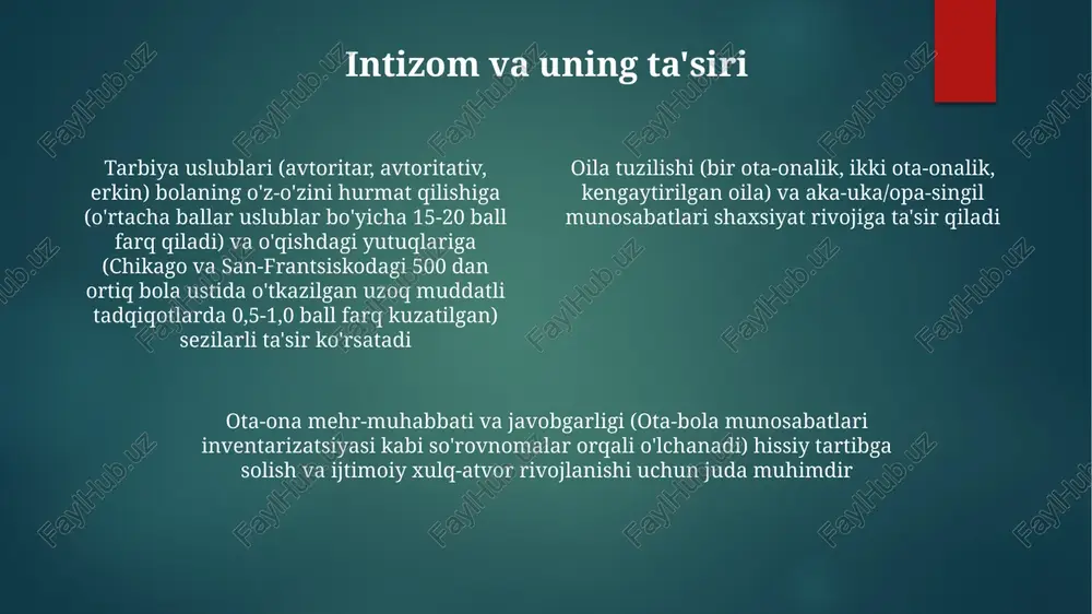 iladi adoptiv oilalardagi muhit (ota-ona kutganlari, muloqot uslubi, emotsional qo'llab-quvvatlash darajasi va faces-iv kabi shkalalar orqali o'lchanadigan oilaviy yaxlitlik) bolaning shaxsiy rivojlanishi bilan bevosita bog'liq oilaviy munosabatlar va o'z-o'zini hurmat qilish oiladagi nizolar (masalan, ajrashish, aka-uka-opa-singil janjallari, ota-ona o'rtasidagi kelishmovchiliklar) o'ziga ishonchni, ayniqsa, muhim rivojlanish bosqichlarida (balog'atga yetish, o'smirlik) salbiy ta'sir qiladi ajrashish yoki ajralishning taʼsiri ota-ona rollari (masalan, avtoritar, avtoritar bo'lmagan, erkin tarbiya uslublari – baumrindning tarbiya uslublari) bolalarning xulq-atvor naqshlari va shaxsiyat xususiyatlarini turli rivojlanish bosqichlarida shakllantiradi oila tuzilmasi (yadroli, yolg'iz ota-onalik, aralash) shaxs rivojiga katta ta'sir qiladi ota-ona ajrashishi (0-18 yoshgacha bolalar rivojlanishiga) salbiy taʼsir koʻrsatib, ularning ruhiy holatini, oʻqish natijalarini (masalan, 30% da gpa pasayishi), va xulq-atvor muammolarini (xavotir, depressiya – dsm-5 mezonlariga koʻra 25% hollarda) yomonlashtiradi. ziddiyatli ajralishlar, tinch ajralishlarga nisbatan ancha salbiy taʼsir koʻrsatadi. oiladagi muloqot uslublari erta ota-ona-bola munosabatlari (masalan, ishonchli, qochuvchi, xavotirli-ixtiyorsiz bogʻlanishlar) shaxsiyat rivojlanishiga taʼsir qiladi (bowlby, ainsworth). javobgar munosabat va …