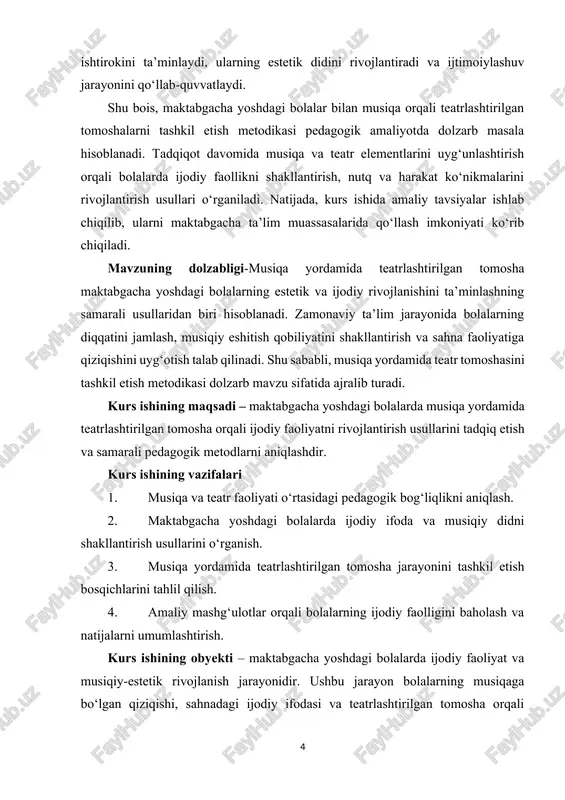 adabiyotlar roʻyxatidan iborat. i bob: qugʻirchoq spektakllarda bolaning ishtirokining ilmiy adabiyotlardagi tahlili 1.1. bolalarni sahnalashtirish jarayoniga jalb qilish usullari sahnalashtirish faoliyatida qatnashish orqali bolalar atrof-olamdagi dunyoni rang-barang tasvirlar va turli xil tovushlar yordamida taniydilar, mohirlik bilan yaratilgan savollar esa ularni tahlil qilish, xulosalar va umumlashtiruvlar berishga undaydi. qahramonlarning ifodali replikatsiyalari va shaxsiy mulohazalari orqali bolalarning so‘z boyligi asta-sekin gavdalanadi. bolaning ijro etayotgan roli, ayniqsa boshqa personajlar bilan bo‘ladigan suhbati uning aniq, ravshan va tushunarli so‘zlashishiga majbur etadi. shunday ekan, sahnalashtirish faoliyati ifodali nutq hamda intellektual va badiiy-estetik tarbiyaning shakllanishiga taalluqli bo‘lgan ko‘pgina pedagogik masalalarni hal etish imkonini beradi. shuningdek, u bolaning sezgi, his- tuyg‘ulari namoyon bo‘lishida beqiyos manba hisoblanadi, ma’naviy boyligini oshiradi. demak, sahnalashtirish faoliyati bolaning hamkorlikdagi faoliyatini tashkil etishda zarur bo‘lgan shart-sharoit, ya’ni empatiyaning rivojlanishida muhim vosita hisoblanadi. sahnalashtirish faoliyati har qaysi adabiy asar yoki ertak axloqiy yo‘nalishga ega ekanligi sababli xulq-atvorning ijtimoiy ko‘nikmalar tajribasini shakllantirishga imkon beradi. pirovardida, …
