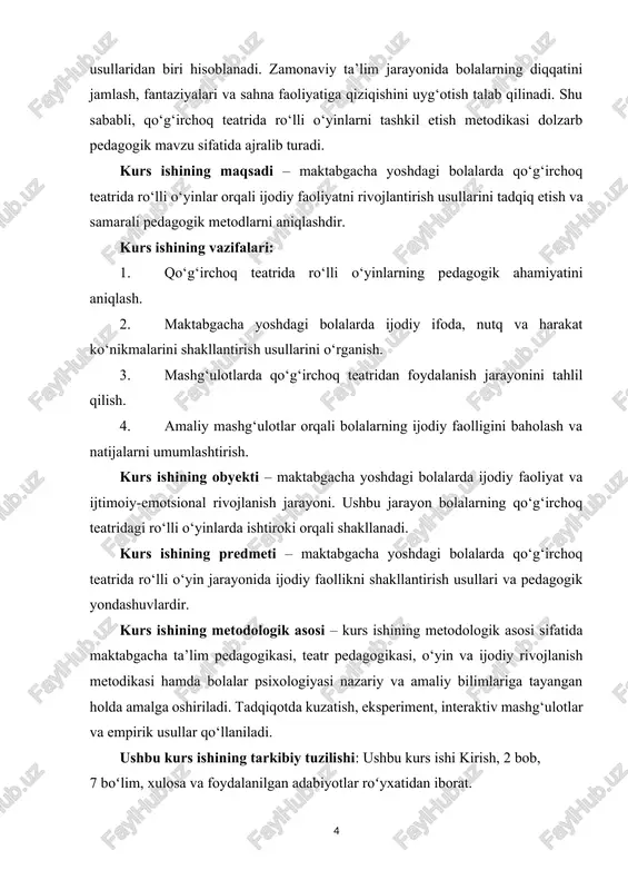y va tushunarli shaklda yetkazish imkonini beradi. qo‘g‘irchoq teatrining kelib chiqishi turli mamlakatlarda turlicha bo‘lsa-da, uning asosiy maqsadi doimo bir xil bo‘lgan – odamlarning ma’naviy, axloqiy va estetik tarbiyasini boyitish. masalan, sharq mamlakatlarida (xitoy va yaponiyada) qo‘g‘irchoq teatrlar diniy marosimlar va xalq ertaklarini sahnalashtirish vositasi sifatida rivojlangan. yevropada esa qo‘g‘irchoq teatr asosan ko‘cha teatrlari va xalq festivallarida keng tarqalgan bo‘lib, bolalar va kattalar uchun o‘yin-kulgi va tarbiyaviy maqsadlarni birlashtirgan. xviii–xix asrlarda yevropada qo‘g‘irchoq teatrining yanada rivojlanishi ko‘zga tashlanadi. shu davrda italiyalik “commedia dell’arte” va fransuz “guignol” teatrlari qo‘g‘irchoqlar orqali ijtimoiy mavzularni, axloqiy darslarni va kulgili vaziyatlarni namoyish qilishgan. qo‘g‘irchoq teatrining rivojlanishi bilan birga, u bolalar pedagogikasi va san’at tarbiyasida ham muhim o‘rin egallay boshladi. xx asrda qo‘g‘irchoq teatrining pedagogik ahamiyati yanada oshdi. pedagogik nazariyotchilar va psixologlar qo‘g‘irchoqlar orqali bolalarda fantaziya, ijodiy fikrlash, nutq va ijtimoiy ko‘nikmalarni rivojlantirish mumkinligini ta’kidladilar. shu davrda bolalar teatr studiyalari, maktabgacha ta’lim muassasalarida qo‘g‘irchoq teatrini faol …