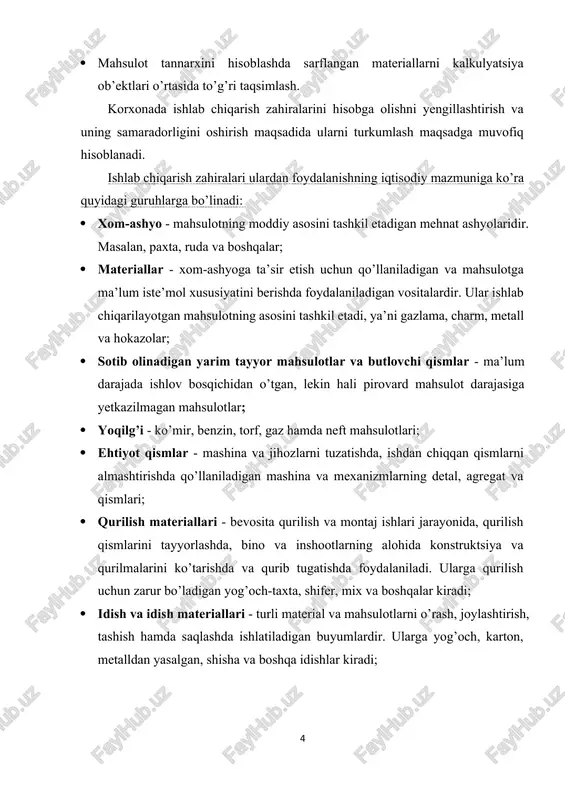 urilish materiallari - bevosita qurilish va montaj ishlari jarayonida, qurilish qismlarini tayyorlashda, bino va inshootlarning alohida konstruktsiya va qurilmalarini ko’tarishda va qurib tugatishda foydalaniladi. ularga qurilish uchun zarur bo’ladigan yog’och-taxta, shifer, mix va boshqalar kiradi; · idish va idish materiallari - turli material va mahsulotlarni o’rash, joylashtirish, tashish hamda saqlashda ishlatiladigan buyumlardir. ularga yog’och, karton, metalldan yasalgan, shisha va boshqa idishlar kiradi; · inventar va xo’jalik anjomlari - ushbu guruhga korxona xo’jalik faoliyatida ishlatiladigan inventar buyumlar hamda arzon baholi va tez eskiruvchi buyumlar kiradi; · boshqa tomonga qayta ishlashga berilgan materiallar - korxona balansida turgan, qayta ishlash uchun boshqa korxonaga berilgan materiallar. ularga, asosan, qayta ishlash uchun o’zga korxonaga berilgan o’simlikchilik, chorvachilik hamda o’rmon xo’jaligi mahsulotlari kiradi; · boshqa materiallar - yuqoridagi satrlarda ko’rsatib o’tilmagan boshqa materiallar kiradi. ularga chiqitlar, tuzatilmaydigan braklar, metallom va boshqalar misol bo’ladi. mol-mulk inventar va xo’jalik anjomlari tarkibiga kiritilishi uchun quyidagi mezonlarga javob berishi lozim: …