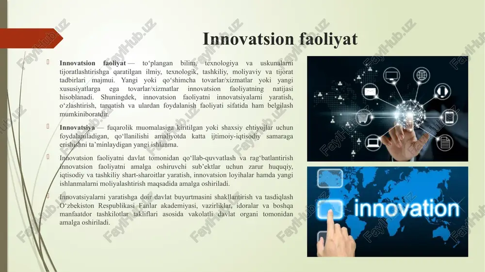 i beradi. innovatsiyalar davlatga foyda keltiradi, chunki turli darajadagi innovatsion faoliyat yalpi ichki mahsulotning o'sishiga bevosita yordam beradi (hosildorlikning o'sishi, uy xo'jaliklarining ixtiyoriy daromadlari va soliq tushumlari natijasida) va alohida tarmoqlarning rivojlanishiga hissa qo'shadi. innovatsiyani rivojlanishining xususiy biznesga, jamiyatga, umuman davlatga ta'sirining tarkibiy qismlari quyidagilardan iborat: • hayot sifatini yaxshilash; • yamm daromadlari va foydalarining o'sishi; • aholi daromadlarining o'sishi; • iqtisodiyotni diversifikatsiya qilish; • iqtisodiyotning yangi tarmoqlarini rivojlantirish; • yangi ish o’rinlarini yaratish imkoniyatlari; • tengsizlikni kamaytirish; • kichik va o'rta biznesning o'sish sur'atlarini tezlashtirish. zamonaviy sharoitda o’zbekistonda innovatsion faoliyatning holati va va uni rivojlantirishning ustuvor yo’nalishlari zamonaviy rivojlanish bosqichida bu kabi vazifalarni hal etishni innovatsion faoliyatni jonlantirishga yo’naltirilgan sharoitlarni yaratmasdan amalga oshirib bo’lmaydi. innovatsion iqtisodiyotni qurishda sanoat korxonalari muhim rol o’ynaydi, ular kelgusi iqtisodiyotni shakllantiruvchi asosiy iqtisodiy natijalarni yaratadi. innovatsiyalarni rivojlantirishda asosiy rol fundamental tadqiqotlar olib boradigan, mutaxassislar tayyorlaydigan, ilmiy hamkorlik va almashinuv uchun shart-sharoitlarni ta'minlovchi, yangi kompaniyalarning …