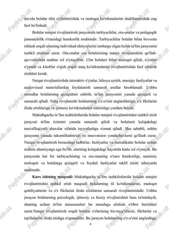 a yordam beradi. bundan tashqari, nutq rivojlanishi bolalarning o'qish va yozish ko'nikmalarini shakllantirishga, shuningdek, kelajakdagi ta'lim jarayonida muvaffaqiyatli bo'lishlariga asos yaratadi. kurs ishining vazifasi: shuningdek, bolalarning so'z boyligini oshirish, talaffuz va intonatsiyani yaxshilash, muloqot ko'nikmalarini rivojlantirish va ijodiy fikrlashini rag'batlantirishdir. nutqni rivojlantirish jarayonida interaktiv o'yinlar, hikoya aytish, musiqiy faoliyatlar va audiovizual materiallardan foydalanish orqali bolalarning qiziqishini oshirish, ularda o'zlariga bo'lgan ishonchni mustahkamlash ham muhimdir. 1. ro‘lli o‘yinlar va ijodiy nutq tushunchasini tadqiq etish. 2. ro‘lli o‘yinlarning bolalar rivojlanishidagi pedagogik ahamiyatini aniqlash. 3. mashg‘ulotlar orqali ijodiy nutqni shakllantirish usullari va metodikalarni ishlab chiqish. 4. amaliy mashg‘ulotlar natijalarini tahlil qilish va xulosalar chiqarish. kurs ishining obyekti bolalarning ro‘lli o‘yinlar orqali ijodiy nutqni rivojlantirish jarayoni. kurs ishining predmeti ro‘lli o‘yinlarning ijodiy nutqni shakllantirishdagi metodik jihatlari. kurs ishining metodologik asosi- ushbu kurs ishining metodologik asosi bolalarda ijodiy nutqni shakllantirish jarayonini nazariy va amaliy jihatdan tadqiq etishga qaratilgan. tadqiqotda ro‘lli o‘yinlar orqali bolalarning nutqini rivojlantirishning …