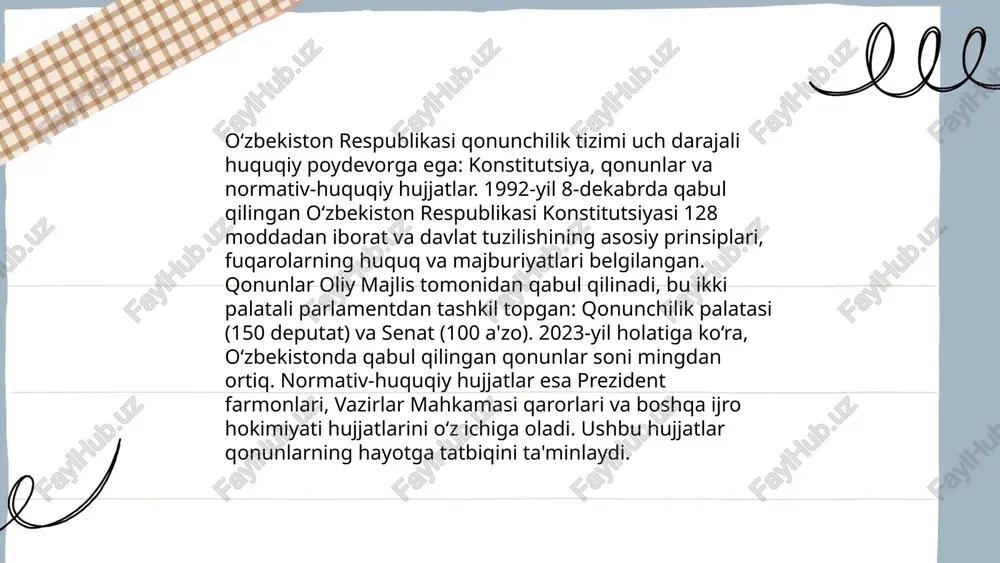 ida litsenziyalash tartib-taomillari va investitsiya shartnomalari tahlillari yanada rivojlangan. iqtisodiy huquq doirasida 2021 yilda budjet daromadlari 12% ga oshgani kuzatildi. bu raqamlar mamlakatda iqtisodiy va tadbirkorlik faoliyatining o'sishiga ko'rsatma beradi. ... t.me/slaydai_bot oila huquqi rivojlanishi o‘zbekistonda qadimdan davom etib kelgan jarayondir. oila huquqi tizimi asosan o‘zbekiston respublikasining konstitutsiyasi va oila kodeksi bilan tartibga solinadi. 1998-yilda qabul qilingan oila kodeksi asosida nikoh, ajrim, ota-onalarning bolalar ustidagi huquqlari va majburiyatlari belgilangan. statistik ma'lumotlarga ko‘ra, o‘zbekistonda 2020-yilda 281 000 nikoh qayd etilgan bo‘lib, 30 000 ga yaqin ajrim holatlari ro'yxatga olingan. oila huquqi sohasida gender tenglikni ta'minlash, bolalar huquqlarini himoya qilish va zo‘ravonlikning oldini olish choralari ko‘rilmoqda. 2019-yilda "ayollar va erkaklar uchun teng huquq va imkoniyatlar kafolatlari to‘g‘risida"gi qonun qabul qilindi, bu esa oila ichidagi tenglikni kuchaytirishga xizmat qiladi. ... t.me/slaydai_bot mehnat huquqi jamiyatda asosiy rolda bo'lib, ishchi va ish beruvchilar o'rtasidagi munosabatlarni tartibga soladi. mehnat kodeksi mehnat shartlari, ishlash vaqtlari, ta’til va …