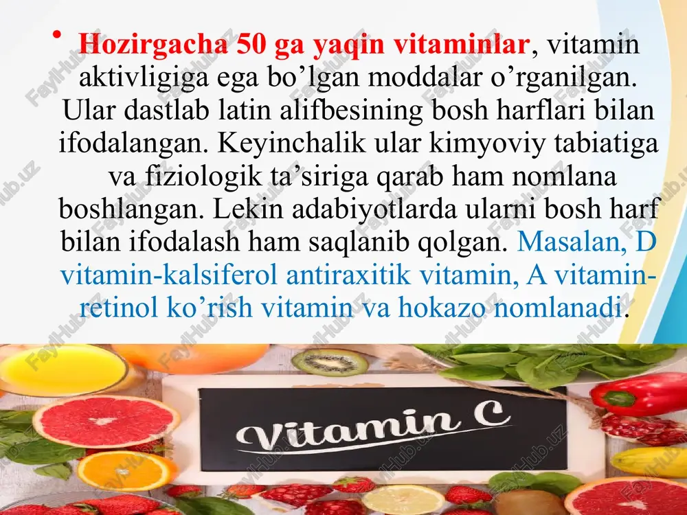 b ketadi. organizmda d vitamini yetishmasa, birinchi navbatda, kalsiy va fosfor almashinuvi buziladi. natijada suyak to’qimasida kalsiy fosfat hosil bo’lish jarayoni buzilib, raxit kasalligi kelib chiqadi. bunda suyaklar nihoyatda yumshoq bo’lib, hatto gavda og’irligini ham ko’tara olmaydi. raxit bilan kasallangan bolalarda dastlabki tishlar chiqishi, ayniqsa, dentinning rivojlanishi kechikadi. shuningdek, u ichki sekretsiya bezlarining idora etilishida, xolesterin almashinuvida muhim rol o’ynaydi. o‘simlik mahsulotlarida vitamin dning miqdori ko‘p emas. hayvon mahsulotlaridan jigar, tovuq tuxumi, baliq, sut, sariyog‘da ko‘p bo’ladi. biroq organizmda uning asosiy qismi quyoshning ultrabinafsha nurlari ta’sirida sterollarning hosilalaridan vujudga keladi. d2 vitamini quyoshning ultrabinafsha nuri ta’sirida ergosterindan,d3 7-degidroxolesterindan hosil bo’ladi odam bahorda va kuzda serquyosh havoda uzoq vaqt bo’lganda unga ehtiyoj sezilmasligining boisi ham mana shunda.uning yana bir xususiyatlaridan yana biri jigar va yog’ to’qimasida zahira holda to’planishidir. undan organizm zarur vaqtda istaginicha foydalana oladi. keyingi vaqtda bu vitamin preparatlari raxitga qarshi ehtiyor chora sifatida, ayrim hollarda oshqozon vaikki barmoq …