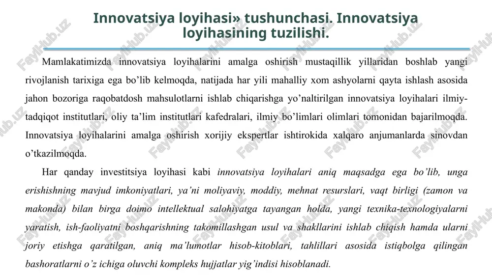 muddatlari ham shunchalik qisqarib boradi. shunday qilib, yangilik yaratuvchi ijodkorlarning g’oyalari, ixtirolari, kashfiyotlari va h.k., ya’ni innovatsiya jarayonii asosini tashkil etuvchi novatorlarning mahsulotlari eksperimental tariqasida tekshirilib, innovatsiya loyihasi shaklida ehtimoli bo’lmish risklar asosida amaliyotga joriy etiladi. xxi asrda asosiy e’tibor texnik va texnologik yangiliklarni joriy etilishiga, energoresurslarni tejash texnologiyalariga asoslanadi. innovatsiya loyihasi tushunchasi. innovatsiya loyihasining tuzilishi. innovatsiya loyihasining hayotga tadbiq etilishi, har qanday investitsiya loyihasidek texnik-iqtisodiy asoslanishi, loyiha tahlilini jahon amaliyotida qo’llaniladigan dinamik usullari yordamida aniqlanadigan va kelajakda kutiladigan samaradorlik ko’rsatkichlarining maqbulligi bilan aniqlanadi. innovatsiya loyihalari har qanday investitsiya loyihasi kabi tanlov asosida amalga oshiriladi. innovatsiya loyihasi tushunchasi. innovatsiya loyihasining tuzilishi. innovatsion loyihalarni rejalashtirish. loyihaning muvaffaqiyati va uni belgilovchi mezonlar biznes-rejani tuzishda asosiy masalalar sifatida quyidagilarga ajratish mumkin: - innovatsiya loyihasini amalga oshirishda kutilayotgan moliyaviy – iqtisodiy ko’rsatkichlar (sotish hajmi, mahsulot tannarxi, mahsulotdan keladigan foyda va boshqalar); - bankning innovatsiya mahsuloti, mahsulot bozori, raqobatchilar haqida ishlab chiqqan ma’lumoti; - hamkorlar …