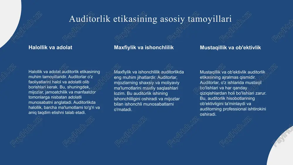 m asosidir. bu tamoyillar auditorning ishonchli va adolatli ish olib borishini ta'minlaydi. 1. halollik: auditorning hisobotlari va tahlillari to'g'ri va aniq bo'lishini ta'minlaydi, bu esa mijozlar va jamoatchilik ishonchini oshiradi. 2. obro': auditorning professional obro'si uning faoliyatiga ta'sir qiladi. yaxshi obro' auditorlik xizmatlarining sifatini oshiradi. 3. mas'uliyat: auditorlar o'z ishlariga mas'uliyat bilan yondashishlari kerak, bu esa ularning ishining samaradorligini oshiradi va auditorlik jarayonining ishonchliligini ta'minlaydi. etik tamoyillar va auditorlik jarayoni auditorlik jarayonida etik tamoyillar muhim rol o'ynaydi. ular auditning ishonchliligini ta'minlash, mijozlar bilan munosabatlarni yaxshilash va auditorlik ishining sifatini oshirishga yordam beradi. masalan, auditorning odob-axloq qoidalariga rioya qilishi, auditorlik hisobotlarini tayyorlashda shaffoflikni ta'minlaydi va bu orqali audit jarayoni ishonchli bo'ladi. shuningdek, etik tamoyillar auditor va mijoz o'rtasida yaxshi munosabatlar o'rnatishga yordam beradi, bu esa auditorlik ishining muvaffaqiyatini ta'minlaydi. etik tamoyillar auditorlik jarayonida amaliy qo'llaniladi. masalan, auditorlar o'z ishlarida mustaqil bo'lishlari va har qanday manfaatlar to'qnashuvidan qochishlari kerak. bu tamoyil auditorning …