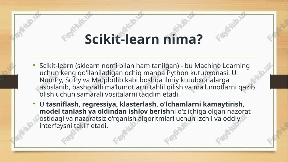 usiyatlariga qarab klasterlarga birlashtiradi. maqsad bitta klasterdagi ma'lumotlar nuqtalarining turli klasterlardagilarga qaraganda bir-biriga o'xshashligini ta'minlash, murakkab ma'lumotlar to'plamlarida tabiiy guruhlar va yashirin naqshlarni ochish imkonini beradi. maqsad : belgilanmagan ma'lumotlarning tabiiy guruhlanishi yoki tuzilishini oldindan belgilangan toifalarsiz kashf etadi. natija : har bir guruhga klaster ichidagi umumiy xususiyatlarni ifodalovchi klaster identifikatori beriladi. misol uchun, agar bizda mijozlarning xaridlari haqida ma'lumotlar mavjud bo'lsa, klasterlash o'xshash xarid qilish odatlariga ega bo'lgan mijozlarni guruhlashi mumkin. ushbu klasterlardan maqsadli marketing, shaxsiy tavsiyalar yoki mijozlarni segmentatsiyalash uchun foydalanish mumkin. o'lchamlarni kamaytirish machine-learning modellari bilan ishlashda juda ko'p xususiyatlarga ega ma'lumotlar to'plamlari sekin hisoblash va ortiqcha moslama kabi muammolarni keltirib chiqarishi mumkin. o'lchovni qisqartirish asosiy ma'lumotlarni saqlab qolgan holda xususiyatlar sonini kamaytirishga yordam beradi. muhim tafsilotlarni saqlab, yuqori o'lchamli ma'lumotlarni pastki o'lchamli bo'shliqqa aylantiradi. masalan, yotoq xonalari, kvadrat metrlar va joylashuv kabi xususiyatlar bilan uy narxlarini taxmin qilish uchun model qurayotganingizda. xona holati yoki taxta turi …