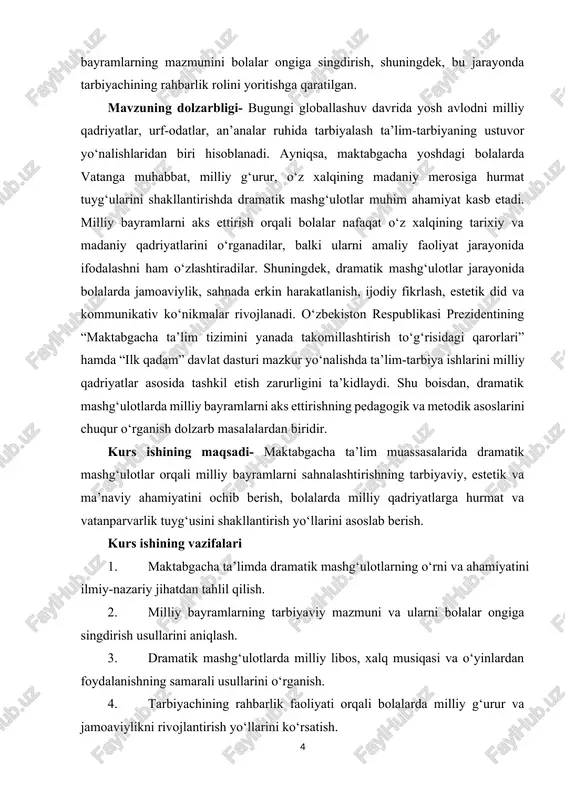 y maqsadlarda qo‘llash faoliyati. kurs ishining metodologik asosi- kurs ishining metodologik asosini o‘zbekiston respublikasi prezidentining ta’lim-tarbiya sohasiga oid qaror va farmonlari, “ta’lim to‘g‘risida”gi qonun, “ilk qadam” davlat dasturi, shuningdek, pedagogika, psixologiya va maktabgacha ta’lim sohasidagi olimlar — d.q.asqarova, n.a. muslimova, ye.a. antipova, s.s. g‘ulomov va boshqalar tadqiqotlari tashkil etadi. tadqiqotda kuzatish, suhbat, tahlil, solishtirish va pedagogik tajriba metodlaridan foydalanildi. ushbu kurs ishining tarkibiy tuzilishi: ushbu kurs ishi kirish, 2 bob, 5 boʻlim, xulosa va foydalanilgan adabiyotlar roʻyxatidan iborat. i bob: dramatik mashgʻulotlarda milliy bayramlarni aks ettirishning ilmiy adabiyotlardagi tahlili 1.1. maktabgacha ta’limda dramatik mashg‘ulotlarning o‘rni va mohiyati maktabgacha ta’lim jarayonida dramatik mashg‘ulotlar bolalar shaxsining har tomonlama kamol topishida, ularning nutqiy, estetik, ijtimoiy va hissiy rivojlanishida muhim o‘rin egallaydi. dramatizatsiya — bu bolalar faoliyatining ijodiy turi bo‘lib, unda bola turli obrazlarni gavdalantirish, voqealarni sahnalashtirish orqali o‘z his-tuyg‘ularini ifoda etadi va hayotiy tajribasini boyitadi. dramatik mashg‘ulotlarning asosiy mohiyati shundan iboratki, u o‘yin, …