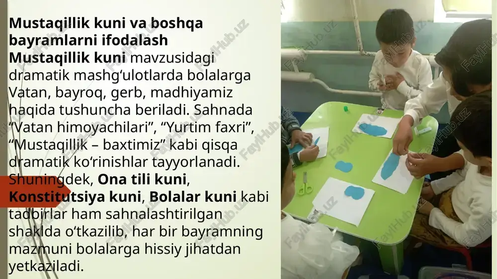 utqni aniq talaffuz qilish, ifodali harakat qilishni o‘rgatish; bayram mazmunini chuqur his etish va estetik zavq olishga yo‘naltirish. xulosa dramatik mashg‘ulotlarda milliy bayramlarni aks ettirish bolalarda milliy g‘urur, vatanparvarlik, ijodkorlik va estetik his-tuyg‘ularni rivojlantiradi. bunday mashg‘ulotlar orqali ular xalq urf-odatlari, an’analar va tarixiy qadriyatlarni chuqurroq anglaydilar. tarbiyachining to‘g‘ri yo‘naltirishi natijasida bolalar sahnada o‘zini erkin tutishni, jamoa bilan ishlashni va milliy madaniyatga hurmat bilan qarashni o‘rganadilar. e’tiboringiz uchun raxmat image1.png image2.png image3.png image4.png image5.png image6.png /docprops/thumbnail.jpeg