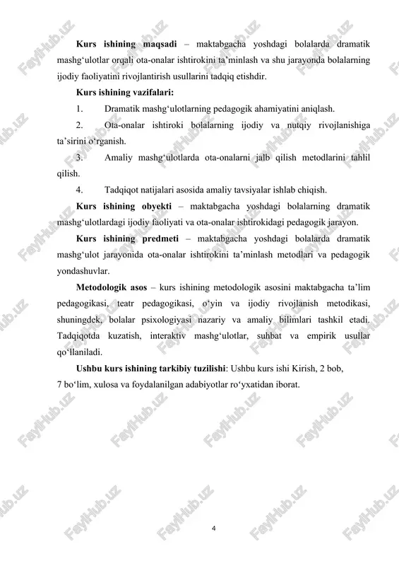 olalarni rag‘batlantiradi va ularni sahnadagi faoliyatga qiziqtiradi. rol o‘ynash jarayonida bolalarning hissiy holatini kuzatib, pedagogga yordam beradi. mashg‘ulotlarda ijtimoiy va madaniy qadriyatlarni mustahkamlashga ko‘maklashadi. shuningdek, ota-onalar ishtiroki orqali pedagoglar mashg‘ulot jarayonida individual yondashuvni kuchaytirishi mumkin, chunki ular bolalarning qiziqishlari va ehtiyojlarini yaxshiroq bilib oladi. shu tariqa, dramatik mashg‘ulotlar nafaqat bolalarning ijodiy va nutqiy rivojlanishini ta’minlaydi, balki ota-onalar bilan hamkorlik orqali pedagogik jarayonning sifatini oshiradi. dramatik mashg‘ulotlarning pedagogik mohiyati bolalarning ijodiy, nutqiy, ijtimoiy va emotsional rivojlanishida namoyon bo‘ladi. ota-onalarning faol ishtiroki esa ushbu jarayonning samaradorligini oshirish va bolalarning o‘zini erkin ifodalash imkoniyatlarini kengaytiradi. maktabgacha yoshdagi bolalarning rivojlanishida ota-onalar faol ishtiroki muhim ahamiyatga ega. pedagogik jarayonda ota-onalarni jalb qilish nafaqat bolalarning o‘zini ifodalash qobiliyatini rivojlantirish, balki ularning ijtimoiy, emotsional va nutqiy ko‘nikmalarini mustahkamlashga yordam beradi. ota-onalar bolalarning psixologik va hissiy holatini eng yaqin biluvchilar bo‘lgani sababli, ular pedagogik jarayonda samarali hamkor sifatida faol qatnashadi. ota-onalar ishtirokining pedagogik asoslari quyidagi tamoyillarga tayangan: 1. …