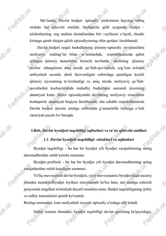 la olmasligi. byudjet taqchilligi funktsiyalari: 1. taqsimlash (qayta taqsimlash), 2. mablag 'shakllantirish, 3. rag'batlantiruvchi, 4. boshqarish. quyidagilarni ajrating byudjet taqchilligi turlari: tarkibiy tanqislik byudjetni shakllantirishda daromadlar va xarajatlar tarkibiga xos bo'lgan kamomad. ishsizlikning tabiiy darajasi, yaimning tabiiy darajasi, shuningdek amaldagi qonunchilikda belgilangan soliq stavkalari va transfert to'lovlari sharoitida iqtisodiyot uchun hisoblangan byudjet taqchilligi yoki profitsiti. odatda, tuzilmaviy tanqisliklar fiskal siyosat natijasida yuzaga keladi. ixtiyoriy soliq- byudjet siyosati hukumatning soliqlarni (soliq stavkalari) va davlat xarajatlarining (tovarlar va xizmatlarga sarf-xarajatlar va to'lovlarni to'lash dasturlari) ataylab o'zgartirilishi inflyatsiyasiz yalpi ichki mahsulotni to'liq ish bilan ta'minlash va iqtisodiy o'sishni rag'batlantirish uchun. bu ma'lum bir ishsiz (tabiiy) darajani hisobga olgan holda joriy davlat xarajatlari va daromadlar o'rtasidagi hisoblangan farq. tsiklik etishmovchilik- tadbirkorlik faolligining pasayishi va soliq tushumlarining kamayishi natijasida davlat byudjeti taqchilligi. haqiqatda kuzatilgan kamomad va tarkibiy kamomad o'rtasidagi farq. ushbu kamomad ish aylanishi davomida o'zgarib turadi. agar amalda kuzatilgan byudjet taqchilligi tarkibiy kamomaddan kam …