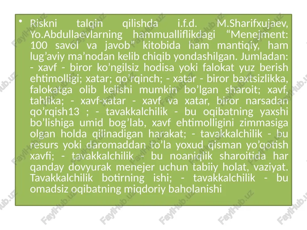 htimoli sifatida ishlaydi; chora-tadbirlar bilan bog'liq xavflar davlat tomonidan tartibga solish, o'zgartirish xavfini o'z ichiga oladi: investitsiya faoliyatiga ma'muriy cheklovlar; iqtisodiy standartlar, soliqqa tortish, valyutani tartibga solish, foiz stavkasi siyosati qimmatli qog'ozlar bozorini tartibga solish; qonunchilikdagi o'zgarishlar; bozor riski - umumiy iqtisodiy vaziyatning yoki alohida bozorlardagi vaziyatning salbiy o'zgarishi bilan bog'liq xavf; investitsiya risklarining quyidagi turlari mavjud: mamlakat - ijtimoiy-iqtisodiy vaziyat beqaror bo'lgan mamlakatda mablag'larni joylashtirish va investitsiya faoliyatini amalga oshirish natijasida etkazilgan zararlar ehtimoli; anoat - muayyan tarmoqdagi vaziyatning o'zgarishi bilan bog'liq xavf mintaqaviy - mintaqa iqtisodiyotining beqaror holati tufayli yo'qotish xavfi, ayniqsa, yagona mahsulot mintaqalariga xosdir; vaqtinchalik - investitsiya ob'ektlariga investitsiya kiritish vaqtini va ularni amalga oshirish vaqtini noto'g'ri belgilash, mavsumiy va tsiklik tebranishlar tufayli yo'qotishlar ehtimoli; likvidlik riski - investitsiya ob'ektini sotishda uning investitsiya sifatini baholashning o'zgarishi tufayli yo'qotish xavfi; kredit - emitent, qarz oluvchi yoki uning kafili tomonidan majburiyatlarni bajarmaganligi sababli investitsiya ob'ektining dastlabki sifati va …