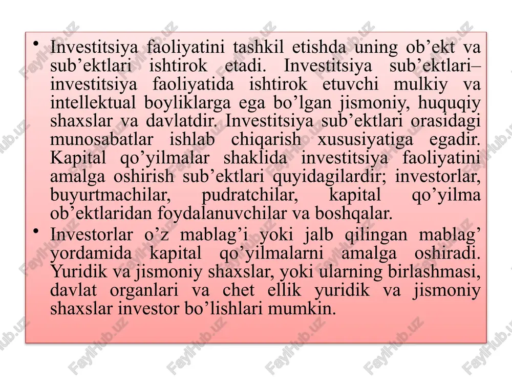 davlat tomonidan sug’urtalash, turli imtiyozlar berish muhim hisoblanadi. bozor infratarkibi rivojlanishi investitsiyalar bozorini tashkil etilishiga olib keladi. bu esa o’z navbatida davlatning markazlashgan kapital qo’yilmalar siyosatiga o’zgarishlar kiritadi. turli mulkchilikni shakllanish munosabati bilan davlat investitsiyalarining ulushi, ularning hajmida anchagina pasayadi. boshqa mulk turlari bo’yicha investitsiyalarning hajmi esa keskin o’sadi. 3. investitsiya jarayoni investitsiya jarayoni – pul taklif qiluvchilar (vaqtincha bo’sh mablag’larga ega bo’lganlar) ni pul talab qilayotganlar (ularga ehtiyoj sezayotganlar) bilan uchrashtirish mexanizmidir. ikkala tomon odatda moliyaviy institutlarda yoki moliyaviy bozorda uchrashadilar. ayrim vaqtda, xususan mulkiy qiymatlar (masalan, ko’chmas mulk) bilan bitim imzolanganda sotuvchi va xaridorlar bevosita muomalaga kirishadilar. moliyaviy institutlar – masalan, banklar va ssuda omonat assotsiatsiyalari – odatda omonatlarni qabul qiladilar va keyin pulni kreditga beradilar yoki boshqa pul bilan mablag’larni investitsiyalaydilar. moliyaviy bozorlar – moliyaviy resurslarni taklif qiluvchilarni va ularga ehtiyoj sezayotganlar odatda fond birjalariga o’xshash vositachilar yordamida bitim tuzish uchun birlashtirish mexanizmi hisoblanadi. - bizning asosiy …