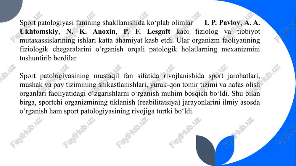 lmiy asoslangan tavsiyalar ishlab chiqish. profilaktika chora-tadbirlarini ishlab chiqish – sport mashg‘ulotlari, ovqatlanish, dam olish va psixologik tayyorgarlikni muvofiqlashtirish orqali kasalliklarning oldini olish. sportchilarda surunkali kasalliklarning rivojlanishiga qarshi kurashish – uzoq muddatli yuklama natijasida paydo bo‘ladigan kasalliklarning erta tashxisini qo‘yish. 10 shuningdek, sport patologiyasi organizmning moslashuv (adaptatsion) imkoniyatlarini o‘rganadi. bu orqali sportchi jismoniy yuklamaga qanday javob berishini, qaysi bosqichda organizm zo‘riqish belgilari paydo bo‘lishini va sog‘lom holatni saqlab qolish mexanizmlarini aniqlaydi. umuman olganda, sport patologiyasining predmeti va vazifalari sportchi salomatligini muhofaza qilish, sport faoliyatining samaradorligini oshirish va sog‘lom avlodni tarbiyalash yo‘lida muhim ilmiy-amaliy ahamiyat kasb etadi. 11 sportda uchraydigan patologik holatlar turlari sport faoliyati inson organizmiga katta jismoniy, ruhiy va fiziologik yuklama beradi. me’yorida bo‘lgan yuklama sog‘lomlashtiruvchi ta’sir ko‘rsatsa-da, ortiqcha yoki noto‘g‘ri tashkil etilgan mashg‘ulotlar patologik holatlarga olib kelishi mumkin. bunday holatlar sportchining sog‘lig‘iga salbiy ta’sir etib, uning sport faoliyatini cheklaydi yoki to‘xtatadi. sportda uchraydigan patologik holatlar odatda uchta asosiy …