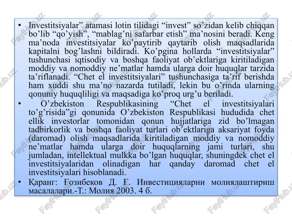 anglatadi. ushbu moliyaviy vositalarning eng muhimlari qimmatli qog’ozlardir: ulushli (aktsiyalar) va qarz (obligatsiyalar). moliyaviy investitsiyalar shaxsiy kompaniyalar va davlat idoralari tomonidan muomalaga chiqarilgan aktsiyalarga, obligatsiyalarga va boshqa qimmatli qog’ozlarga va bank depozitlariga, uzoq muddatga jalb qilinadigan qo’yilmalardir. moliyaviy investitsiyalarning asosiy qismi, kapitalni noishlab chiqarish sohasiga sarflanishini bildiradi. moliyaviy investitsiyalar aksariyat holatlarda real investitsiyalarning manbai bo’lib xizmat qilishi mumkin. moliyaviy investitsiyalar erkin bozor infratarkibi rivojlangan mamlakatlarda, qimmatli qog’ozlar bozori orqali kapitalni sohalar bo’yicha taqsimlanishida muhim ahamiyatga ega bo’lgan davlatlarda ko’proq tarqalgan. rivojlangan mamlakatlarning moliyaviy investitsiyalarining tarkibida asosiy o’rinni shaxsiy investitsiyalar tashkil qiladi. masalan, obligatsiyalarga qaraganda aktsiyalarga qo’yilmalar yuqori tavakkalik bilan bog’liq ekanligi ma’lum, shu bilan birga yirik kompaniyalar aktsiyalariga qo’yilmalar kiritilishiga qaraganda yuqori tavakkallik obligatsiyalarni topish ham qiyin emas. albatta, tavakkallik ko’p hollarda emitentning, vositachining yoki muayyan moliyaviy vositalar sotuvchisining sofdilligiga bog’liq. past tavakkallik investitsiyalar muayyan daromad olishning xavfsiz vositasi hisoblanadi. aksincha, yuqori tavakkalli investitsiyalar chayqovchilik hisoblanadi. 4. investitsiya faoliyatini amalga …