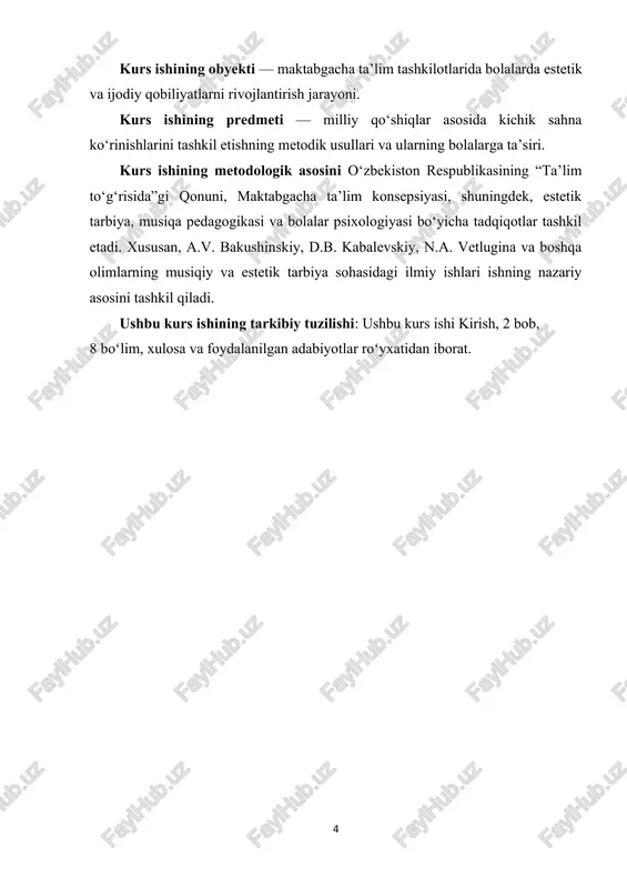 lanadi. milliy qo‘shiqlar maktabgacha yoshdagi bolalar tarbiyasida nafaqat estetik didni rivojlantirish, balki ijtimoiy va madaniy qadriyatlarni singdirish vositasi sifatida ham muhim ahamiyatga ega. bolalar milliy qo‘shiqlar orqali o‘z milliy an’analari, urf-odatlari va xalq og‘zaki ijodiy merosi bilan tanishadi. bu esa ularning madaniy ongini shakllantirish, milliy identifikatsiyasini mustahkamlashga xizmat qiladi. tarbiyaviy nuqtai nazardan milliy qo‘shiqlar bolalarda vatanparvarlik, hurmat, do‘stlik, sabr-toqat va mehr-shafqat kabi qadriyatlarni shakllantiradi. shu bilan birga, qo‘shiqlar orqali bolalar o‘z hissiyotlarini ifodalashni, his-tuyg‘ularini musiqiy va dramatik shakllarda namoyon etishni o‘rganadi. bu jarayon ularning kommunikativ va nutq ko‘nikmalarini rivojlantirishga ham yordam beradi. estetik ahamiyati jihatidan milliy qo‘shiqlar bolalarda ritm, melodiya va harmoniyani idrok etish qobiliyatini rivojlantiradi. bolalar qo‘shiqlarni tinglash, qo‘shiq aytish va musiqiy harakatlar bilan birga bajarish orqali estetik tajriba to‘playdi, sahnalashtirish mashg‘ulotlarida o‘z obrazlarini yaratadi va ijodiy tafakkurini kengaytiradi. shu bois, milliy qo‘shiqlar bolalarning nafaqat musiqa, balki dramatik va ijodiy ko‘nikmalarini rivojlantirishda samarali vosita hisoblanadi. milliy qo‘shiqlardan pedagogik maqsadlarda …