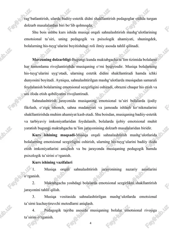 an adabiyotlar roʻyxatidan iborat. i bob: musiqa orqali sahnalashtirishning nazariy asoslari 1.1. musiqa va sahnalashtirishning o‘zaro bog‘liqligi musiqa va sahnalashtirish maktabgacha ta’lim jarayonida bir-birini to‘ldiruvchi, bolalarning estetik va emotsional rivojlanishiga xizmat qiluvchi muhim san’at turlaridir. musiqa sahnalashtirishda voqealarning kayfiyatini, ritmini va ichki mazmunini ochib beradi. sahnadagi har bir obraz, harakat yoki voqea musiqaning ohangi bilan uyg‘unlashganda, bolalarda chuqur hissiy ta’sir uyg‘otadi. musiqa bolalarni sahnaga tayyorlashda, ularning harakatlarini ritmik holatda bajarishga o‘rgatishda, nutq ifodadorligini oshirishda muhim rol o‘ynaydi. ayniqsa, sahnalashtirilgan ertaklar va qo‘g‘irchoq teatrlari jarayonida musiqaning ohangdorligi bolalarda his-tuyg‘u uyg‘otish, obrazni his etish va sahnada tabiiy ifoda topish imkonini yaratadi. pedagog musiqani tanlashda asarning mazmuni, sahna holati va obraz xarakteriga e’tibor qaratishi lozim. quvnoq ohanglar bolalarda ijobiy hislar uyg‘otsa, sokin musiqalar mulohaza va mehr tuyg‘ularini kuchaytiradi. shu tarzda, musiqa sahna jarayonining hissiy fonini belgilab, dramatik ifodaning kuchayishiga xizmat qiladi. demak, musiqa va sahnalashtirishning uyg‘unligi bolalarda estetik didni, emotsional sezgirlikni va ijodiy …