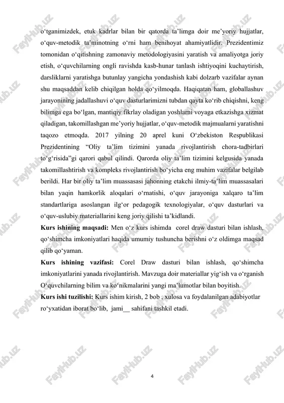 2017 yilning 20 aprel kuni o‘zbekiston respublikasi prezidentining “oliy ta’lim tizimini yanada rivojlantirish chora-tadbirlari to‘g‘risida”gi qarori qabul qilindi. qarorda oliy ta’lim tizimini kelgusida yanada takomillashtirish va kompleks rivojlantirish bo‘yicha eng muhim vazifalar belgilab berildi. har bir oliy ta’lim muassasasi jahonning etakchi ilmiy-ta’lim muassasalari bilan yaqin hamkorlik aloqalari o‘rnatishi, o‘quv jarayoniga xalqaro ta’lim standartlariga asoslangan ilg‘or pedagogik texnologiyalar, o‘quv dasturlari va o‘quv-uslubiy materiallarini keng joriy qilishi ta’kidlandi. kurs ishining maqsadi: men o‘z kurs ishimda corel draw dasturi bilan ishlash, qo‘shimcha imkoniyatlari haqida umumiy tushuncha berishni o‘z oldimga maqsad qilib qo‘yaman. kurs ishining vazifasi: corel draw dasturi bilan ishlash, qo‘shimcha imkoniyatlarini yanada rivojlantirish. mavzuga doir materiallar yig‘ish va o‘rganish o‘quvchilarning bilim va ko‘nikmalarini yangi ma’lumotlar bilan boyitish. kurs ishi tuzilishi: kurs ishim kirish, 2 bob , xulosa va foydalanilgan adabiyotlar ro‘yxatidan iborat bo‘lib, jami__ sahifani tashkil etadi. i bob corel draw dasturi bilan ishlash 1.1 kompyuter grafikasi va uning turlari grafik muharrirlar …