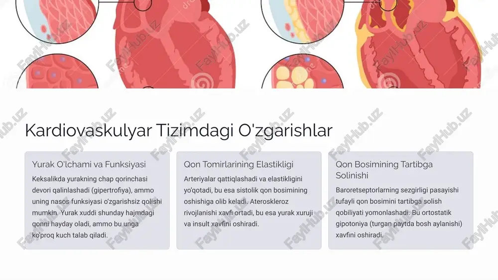 i suyak zichligi kamayadi (osteoporoz), bu esa sinish xavfini oshiradi. ayniqsa ayollarda menopauzadan keyin bu o‘zgarishlar tezlashadi. 2 bo'g'imlar bo‘g‘im tog‘ayining yemirilishi va yallig‘lanishi (osteoartrit) keng tarqalgan. bo‘g‘imlarning harakatlanuvchanligi kamayadi va og‘riqlar paydo bo‘ladi. 3 mushak massasi mushak massasi va kuchi pasayadi (sarkopeniya). bu harakatlanish qobiliyatini cheklaydi va yiqilish xavfini oshiradi. keksalikda suyak-mushak tizimidagi o‘zgarishlar insonlarning kundalik faoliyatiga jiddiy ta’sir ko‘rsatadi. bu o‘zgarishlarni minimallashtirish uchun muntazam jismoniy faoliyat va to‘g‘ri ovqatlanish muhimdir. 1.7.2013 9 ‹#› keksa bemorlarni davolashda fiziologik xususiyatlarni hisobga olish shaxsiylashtirilgan davolash har bir keksa bemorning individual fiziologik xususiyatlari, umumiy sog‘lig‘i va dori-darmonlarga bo‘lgan reaktsiyasini hisobga olgan holda davolash rejimi tuzilishi kerak. dori dozalarini to'g'rilash keksalikda jigar va buyrak funksiyasining pasayishi dori-darmonlarning organizmdan chiqarilishini sekinlashtiradi. shu sababli, dori dozalari kamaytirilishi yoki davolash rejimi o‘zgartirilishi lozim. kompleks yondashuv davolash nafaqat kasallikni yo‘qotishga, balki bemorning umumiy hayot sifatini yaxshilashga ham qaratilishi kerak. bu jismoniy mashqlar, ovqatlanish va psixologik yordamni o‘z …