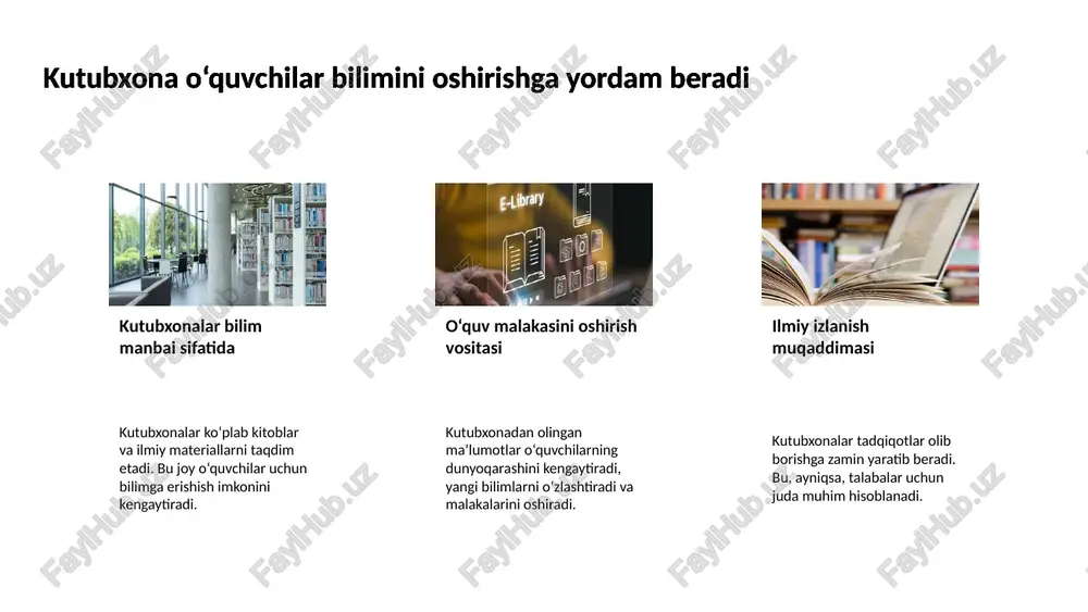 umotlarni o‘rganishga yordam beradi. muzeyda ekskursiyalar o‘tkazilib, ta'lim beriladi ta'lim va tajriba uyg‘unligi muzeylarda interaktiv eksponatlar va ko‘rgazmalar yordamida ta'lim bilan hayotiy tajriba uyg‘unlashadi. bu ziyoratchilarning yangi narsalarni o‘zlashtirishini osonlashtiradi. muzeyda ekskursiyalar o‘tkazilib, ta'lim beriladi o‘quvchilar uchun imkoniyatlar maktab o‘quvchilari uchun maxsus dasturlar tashkil etilib, o‘quv jarayonini boyitishga yordam beradi. bu ularning bilim doirasini kengaytiradi. 9 kutubxona tadbirlar o‘tkazib, o‘quvchilarni jalb qiladi madaniyatni kengaytirish kutubxonalar turli madaniy tadbirlarni tashkil etib, kitobxonlarga yangi bilimlar yetkazishda yordam beradi. ushbu tadbirlar kitoblar bilan tanishish imkonini kengaytiradi. kutubxona tadbirlar o‘tkazib, o‘quvchilarni jalb qiladi kitobxonlikni rag‘batlantirish kutubxona tadbirlari turli kitoblar haqida ma’lumot berib, o‘quvchilarga kitob o‘qishga ilhom bag‘ishlaydi. bu bilim olish jarayonini qiziqarli qiladi. kutubxona tadbirlar o‘tkazib, o‘quvchilarni jalb qiladi kitob o‘quvchilarni jalb qilish seminarlar, musobaqalar va ma’ruzalar orqali kutubxonalar o‘quvchilarni jalb qilishga erishadi. bu yosh avlodni bilimga qiziqtirishga xizmat qiladi. kutubxona tadbirlar o‘tkazib, o‘quvchilarni jalb qiladi 10 muzeylar madaniy merosni saqlash va targ‘ib qilishga …