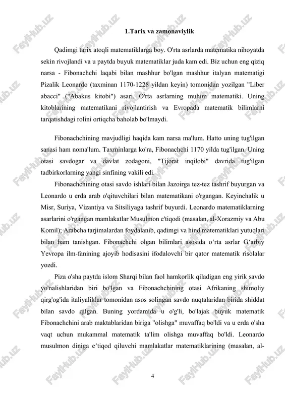 liyoti (practica geometriae, 1220) oʻlchash usullariga oid turli teoremalarni oʻz ichiga oladi. klassik natijalar bilan bir qatorda, fibonachchi o'zining natijalarini beradi - masalan, uchburchakning uchta medianasi bir nuqtada kesishishi haqidagi birinchi dalil (arximed bu haqiqatni bilar edi, lekin agar uning isboti mavjud bo'lsa, u bizga etib kelmagan)."abakus kitobi" asari bizni juda qiziqtiradi. ushbu kitobda keltirilgan material ushbu traktatning muhim qismini tashkil etuvchi ko'p sonli muammolar yordamida tushuntirilgan. keling, ulardan birini ko'rib chiqaylik:“kimdir quyonlarning tabiati shunday bo‘lsa, bir oydan keyin bir juft quyon yil davomida tug‘ilishini bilish uchun har tomondan devor bilan o‘ralgan bir juft quyonni joylashtirgan. quyonlarning soni boshqa juft tug'adi, quyonlar esa siz tug'ilgandan keyingi ikkinchi oydan boshlab tug'adilar.agar biz bir juft quyonni yangi tug'ilgan chaqaloq deb hisoblasak, unda 2-oyda bizda hali ham bitta juft bo'lishi aniq; 3-oyda – 1+1=2; 4-da - 2 + 1 = 3 juft (ikkita mavjud juftlik tufayli faqat bitta juftlik nasl beradi); 5-oyda – …