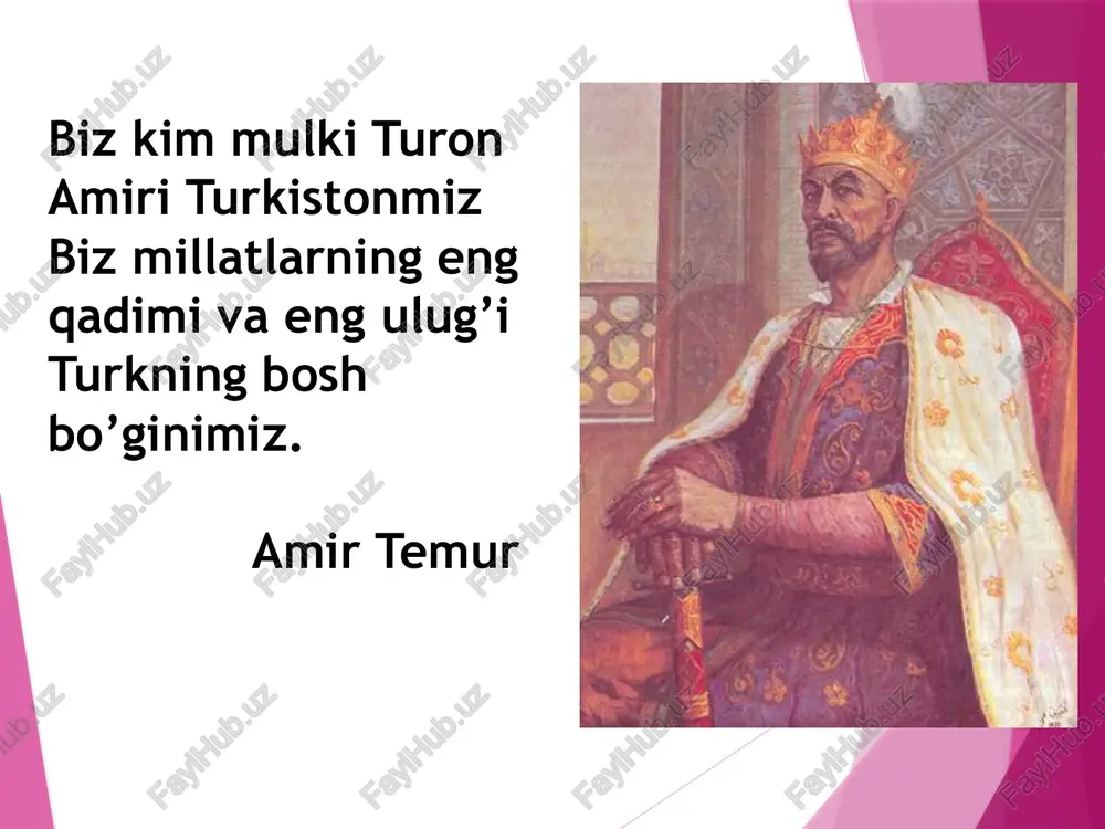 ra ham amir temur nomi bilan bog’liq. ahmad yassaviy maqbarasi musulmon sharqidagi me’moriy yodgorliklar orasida eng noyobidir. doshqozon. ahmad yassaviy maqbarasi ahmad yassaviy maqbarasining 35 xonasi- dan biri “qozonli xona” yoki “halim xona” deb ataladi. chunki bu xonada halim pishirib tarqatiladigan ulkan birinj (bronza) qozon bor. sho’rolar davrida bu doshqozon ham peterburgga olib ketilib, keyinchalik qaytarib olingan. zangiota maqbarasi amir temur ahmad yassaviy maqbarasini qurdirayotganda har kuni devor qulab tushaveradi. shunda yassaviy ruhlari paydo bo’lib, mendan avval shoshlik zangiotaga maqbara quringlar degan ekanlar. shundan so’ng amir temur zangiota maqbarasini qurdirgan ekan. bibixonim jome’ masjidi amir temur tomonidan saroymukxonimga atab 1399-1404 yillarda qurilgan jome’ masjidini zamondosh olim shunday ta’riflagan: “osmon, uning gumbazi nushasi bo’lmaganda u yagona, somon yo’li unga dugona bo’lmaganda arki dunyoda bitta bo’lardi”. amir temurning toshkentdagi suvoriy haykali. 1993 yil 31 avgust “mamlakatimizning marka-zida, qadimiy va go’zal poytaxtimiz toshkentimiz o’rtasida qad ko’targan ulug’ bobomiz siymosi xalqimizga faxr va surur …