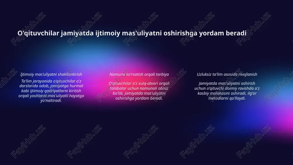 quqiy madaniyatni kuchaytirishga sabab bo‘ladi. tarbiya orqali huquqiy ongni rivojlantirish ijtimoiy pedagoglar taʼlim va tarbiya orqali yosh avlodga huquqiy bilimlar yetkazadi, huquqlarning ahamiyatini anglashga yordam beradi. bu kelajak avlod uchun muhimdir. 9 pedagogik faoliyat jamiyatda ijtimoiy hamjihatlikni oshiradi ijtimoiy hamjihatlik mohiyati ijtimoiy hamjihatlik odamlarda tenglik, hurmat va hamkorlikni rivojlantiradi. bu esa birgalikda ishlash orqali jamiyatda uyg'unlik hamda barqarorlikni ta'minlaydi. ta'lim va tarbiya vositasi ta'lim va tarbiya ijtimoiy tamoyillarni mustahkamlaydi, aholi o'rtasida ijtimoiy hamjihatlikni oshiradi. barkamol insonlarni yetishtirish hamjamiyatda ijobiy o'zgarishlarni ta'minlaydi. pedagogik faoliyatning samarasi pedagogik faoliyat natijasida jamiyatda bilimli, mas'uliyatli va bir-birini hurmat qiluvchi shaxslar shakllanadi. bu ijtimoiy hamjihatlikka xalqaro miqyosda ham ta'sir ko'rsatadi. 10 ijtimoiy pedagogik faoliyat jamiyatda tarbiya va ta'limni rivojlantiradi ijtimoiy pedagogik faoliyat jismoniy, ruhiy, ma'naviy rivojlanishni maqsad qiladi. u oila, maktab va jamiyat bilan uzviy bog'langan. shu asosda bolalar va yoshlarda jamiyatga moslashish qobiliyatlarini shakllantiradi. ijtimoiy pedagogik faoliyatning mohiyati ijtimoiy pedagogik faoliyat jismoniy, ruhiy, ma'naviy rivojlanishni …