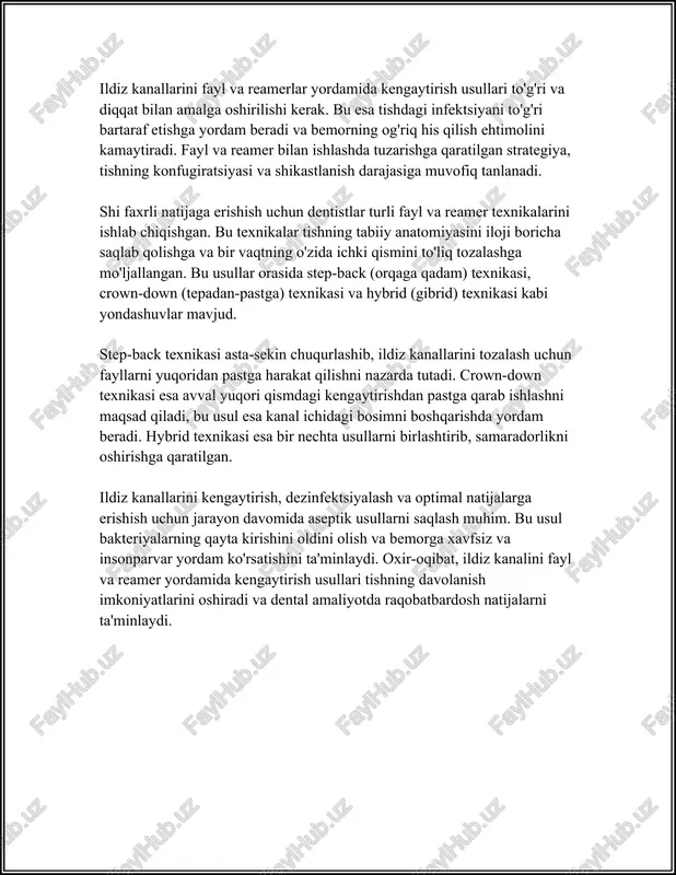 sboblarning bu qobiliyati ulardagi egiluvchanlik va yuqori chidamlilik bilan bog'liq bo‘lib, bu ularni qimmatli qiladi. niti asboblar yordamida tozalash jarayoni minimumda asab matosini shikastlaydi va tashqi og‘riqlarni kamaytiradi. to‘rtinchi bosqichda kanal ichida qolgan bakteriyalarga qarshi kurash amalga oshiriladi. kanal tozalanib bo‘lgandan keyin, uni maxsus suyuqliklar bilan yuvib, dezinfeksiya qilish zarur. niti aylanma asboblar bilan ishlash jarayonida ham bakteriyalarga qarshi kurash ancha samarador bo‘ladi, chunki kanallar yaxshiroq tozalanadi va kengaytiriladi. nikel-titan aylanma asboblar bilan ishlash texnikasi ildiz kanallarining tozaligini ta'minlaydi va davolash samaradorligini oshiradi. ushbu asboblar materialining xususiyatlari (egiluvchanlik va chidamlilik) tufayli ulardan foydalanish jarayoni tez, xavfsiz va aniq bo‘ladi. shu sababli, endodontistlar bu asboblarga katta e'tibor qaratishga harakat qiladilar. yuqoridagi barcha bosqichlarni hisobga olgan holda, niti aylanma asboblar bilan ildiz kanallarini kengaytirish texnikalari bugungi kunda yuqori samaradorlikka ega usullar qatoriga kiradi. zamonaviy davolashda bu asboblar yordamida murakkab kanallarda ham muvaffaqiyatli asoratlanmagan davolashni amalga oshirish mumkin. 3. crown‑down va step‑back strategiyalari …