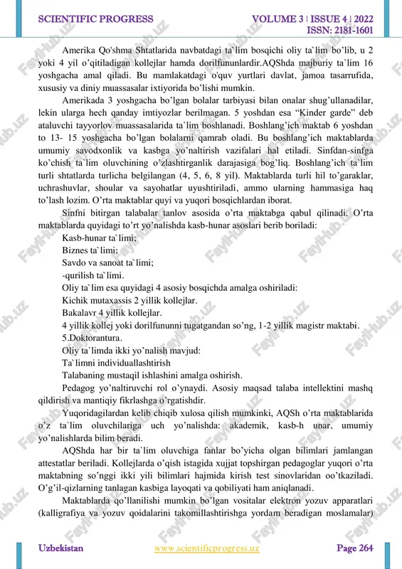 -1601 uzbekistan www.scientificprogress.uz page 263 tabaqalashtirish eng dolzarb masalaga aylangan. ta`lim oluvchilarni tabaqalashtirib o’qitish xorijiy mamlakatlarda asosan boshlang’ich ta`lim kursidan keyin amalga oshiriladi. masalan, fransuz pedagoglari ta`lim jarayonida sinf ta`lim oluvchilarini uch tabaqaga ajratib o’qitishni afzal ko’radilar. bular quyidagilar : 1.gomogenlar — matematika va gumanitar yo’nalishda ish olib borsa bo’ladigan ta`lim oluvchilar. 2.yarim gomogen — tabiiy turkumdagi fanlarni o’zlashtira olishga moyil ta`lim oluvchilar. 3.gegeron — barcha predmetlarni har xil saviyada o’zlashtiradigan ta`lim oluvchilar va hokazo. germaniya maktablarida sinfda ta`lim oluvchilar sonini qisqartirish sari yo’l tutilgan. bunday ta`lim oluvchilarni – har biriga individual paketlar (topshiriqlar) tarqatiladi. topshiriqlarni ta`lim oluvchi mustaqil bajaradi, lozim bo’lganda u pedagogdan konsultatsiya oladi. yuqorida bayon qilinganlardan ko’zda tutilgan maqsadlari : maktablarning insonparvarlik, umuminsoniylik yo’nalishlarini kuchaytirish. ta`lim oluvchi shaxsini shakllantirishning eng samarali yo’llarini qidirib topish. tarbiyaning yangi formalarida – ta`lim oluvchilar kengashi, maktab kengashlaridan, tarbiyaviy o’yinlardan foydalanish. maktab o’quv dasturlarini ixtisoslashtirish, fanlarning o’zaro aloqasini mustahkamlash, takomillashtirish. maktabni mehnat, …